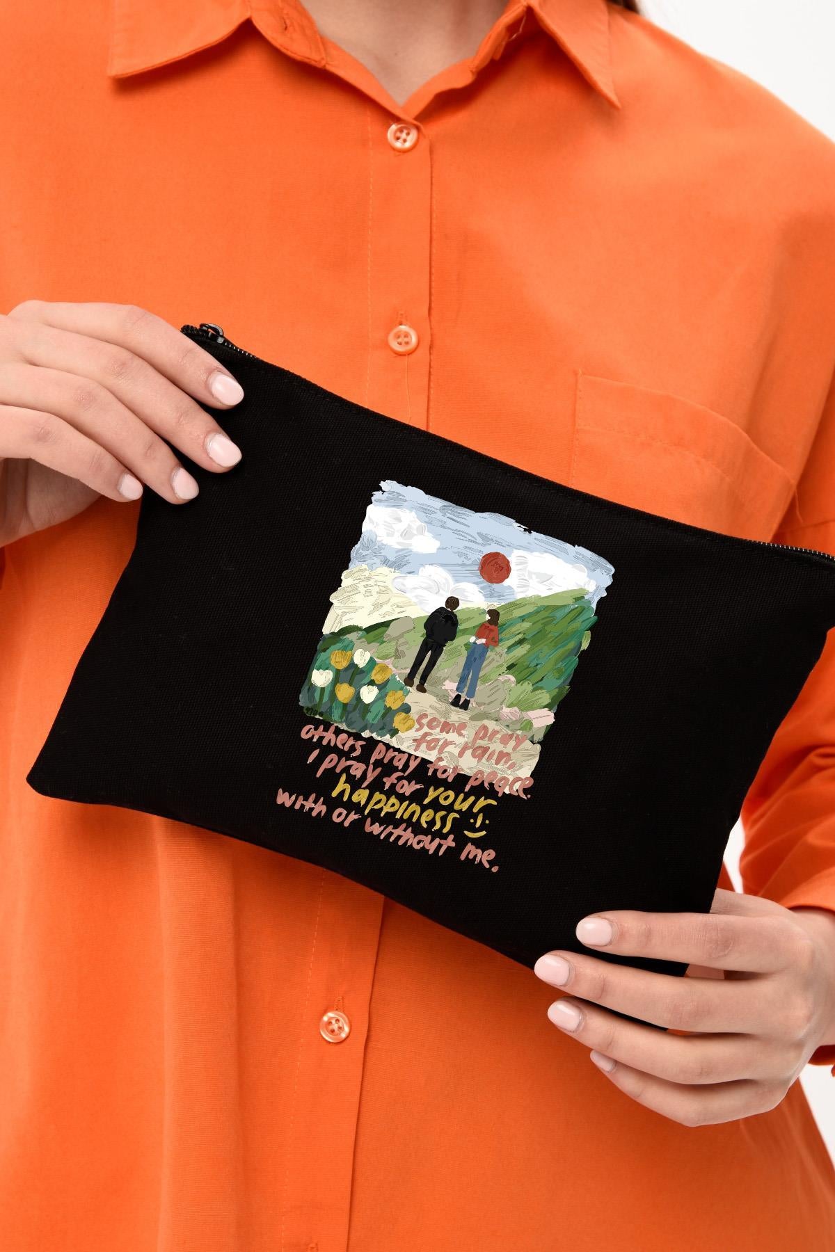 Clutch I Pray For Your Happiness Baskılı Siyah Kanvas Makyaj Çantası