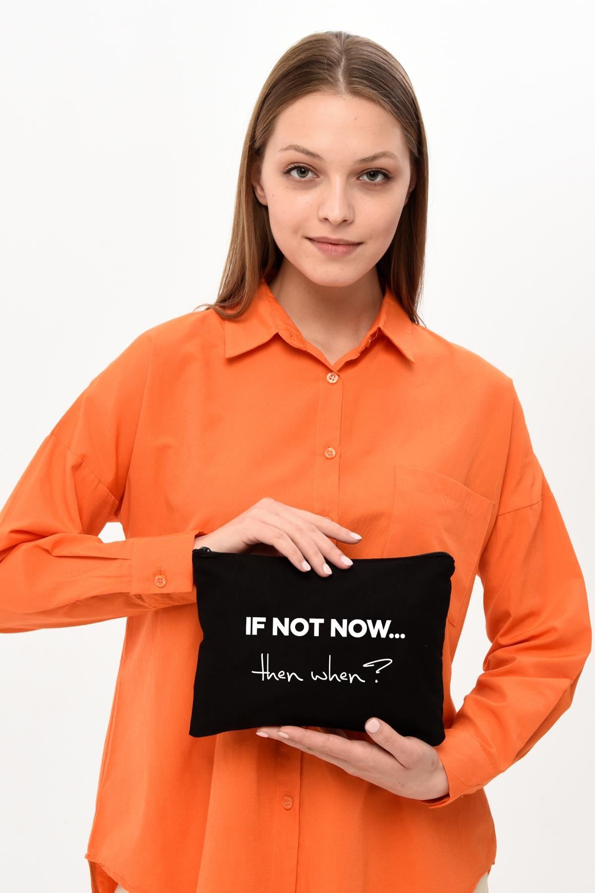 Clutch If Not Now Baskılı Siyah Kanvas Makyaj Çantası