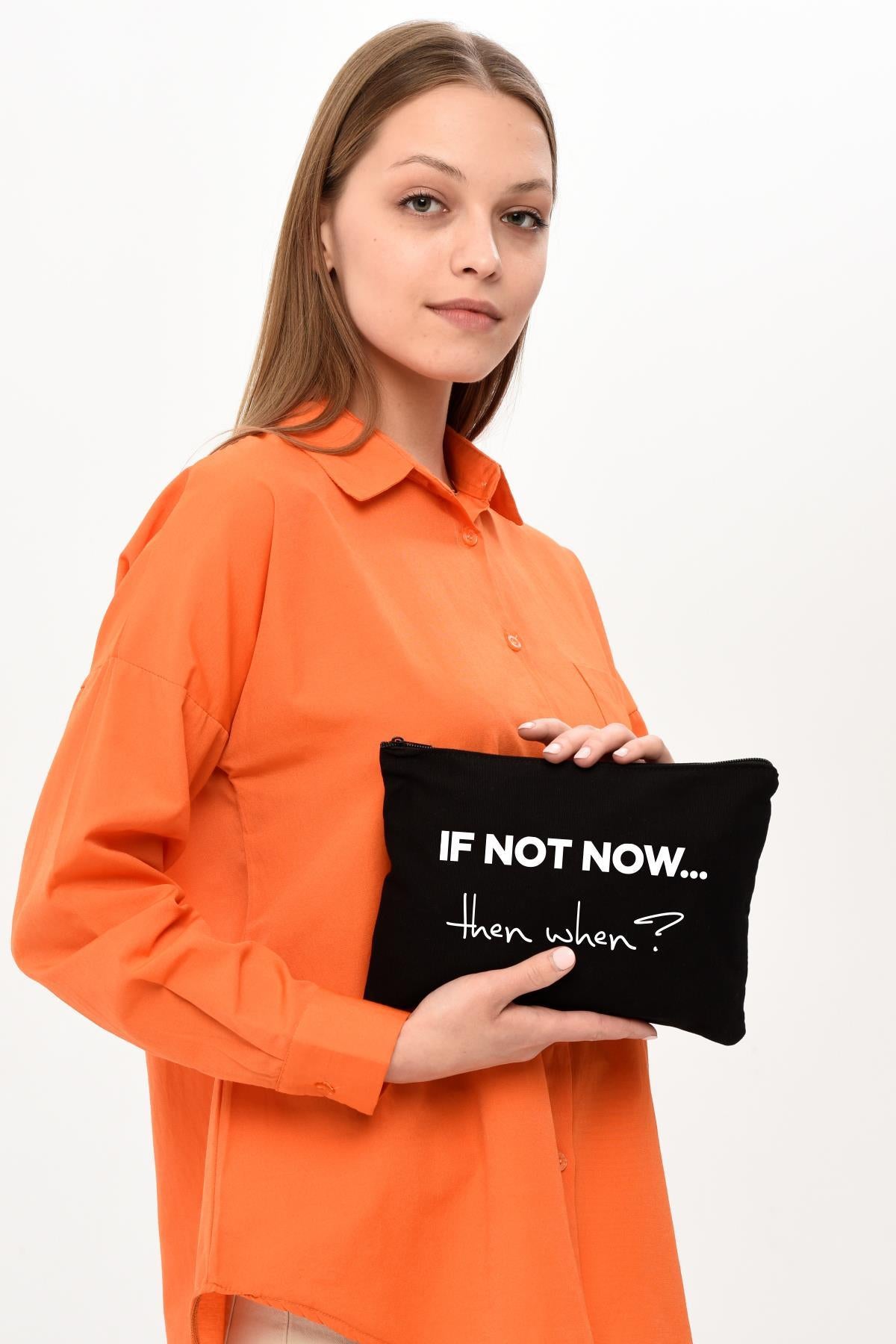 Clutch If Not Now Baskılı Siyah Kanvas Makyaj Çantası