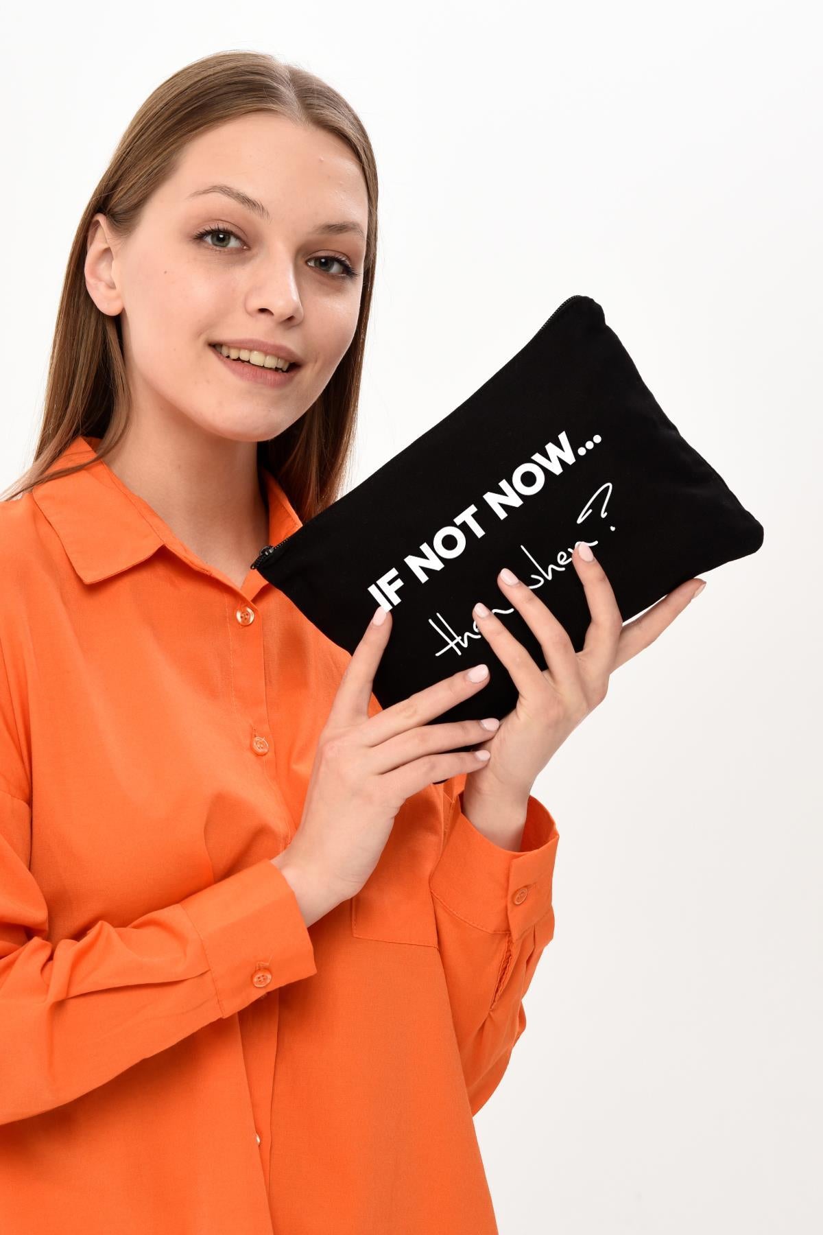 Clutch If Not Now Baskılı Siyah Kanvas Makyaj Çantası
