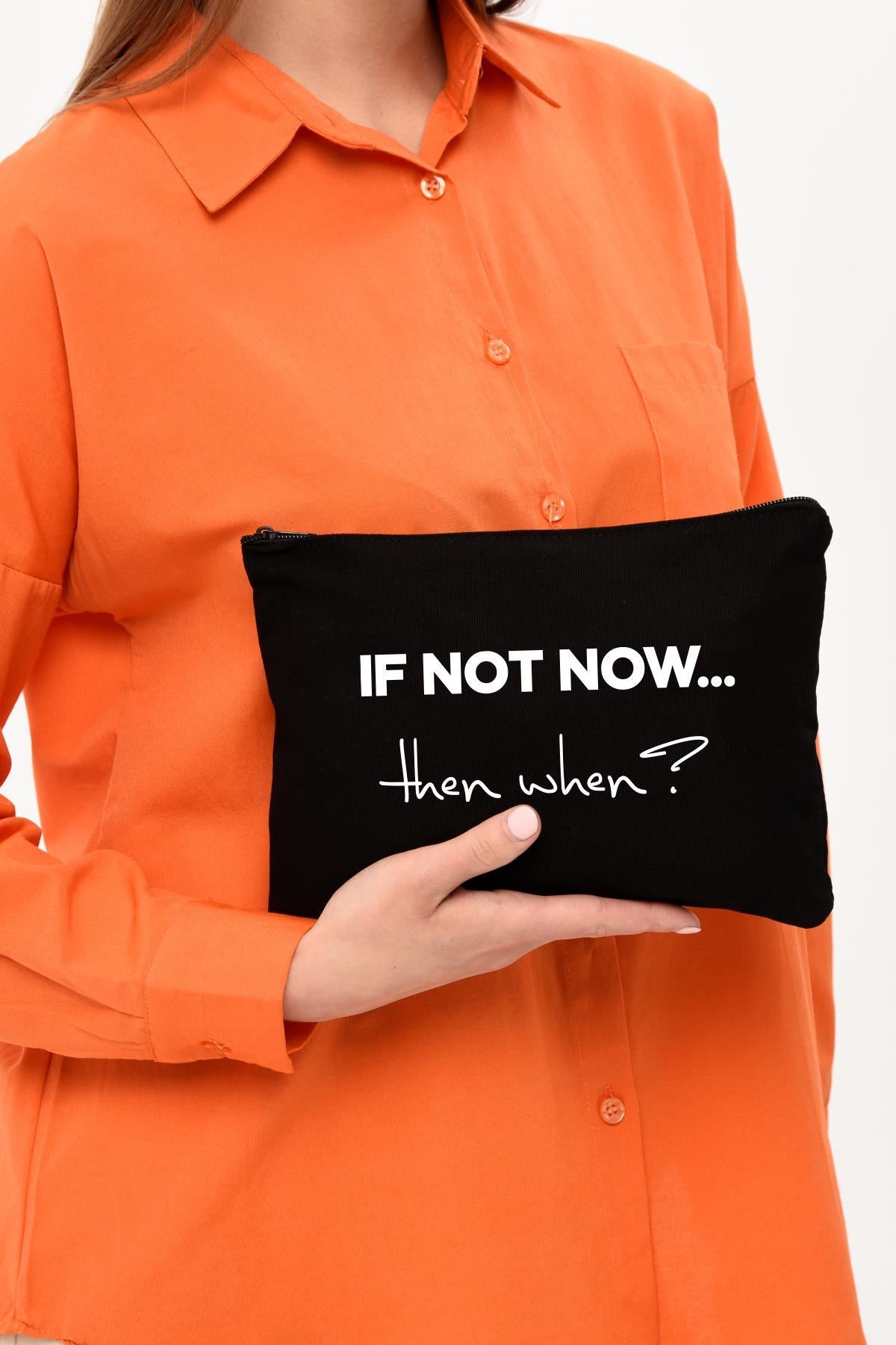 Clutch If Not Now Baskılı Siyah Kanvas Makyaj Çantası