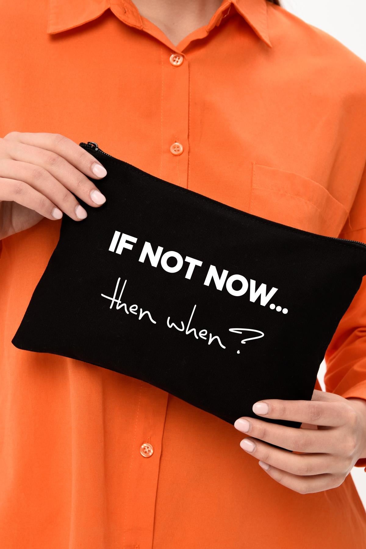Clutch If Not Now Baskılı Siyah Kanvas Makyaj Çantası