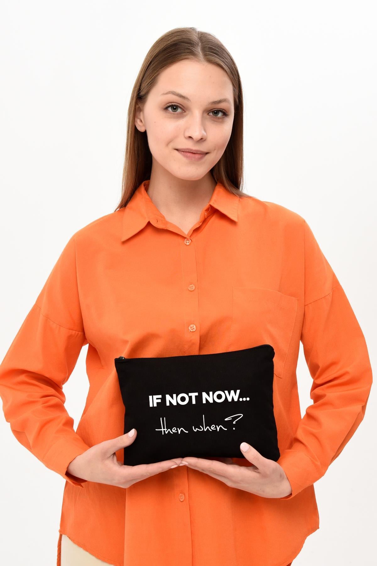 Clutch If Not Now Baskılı Siyah Kanvas Makyaj Çantası