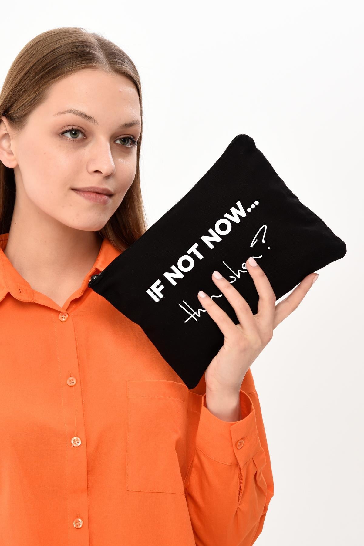 Clutch If Not Now Baskılı Siyah Kanvas Makyaj Çantası