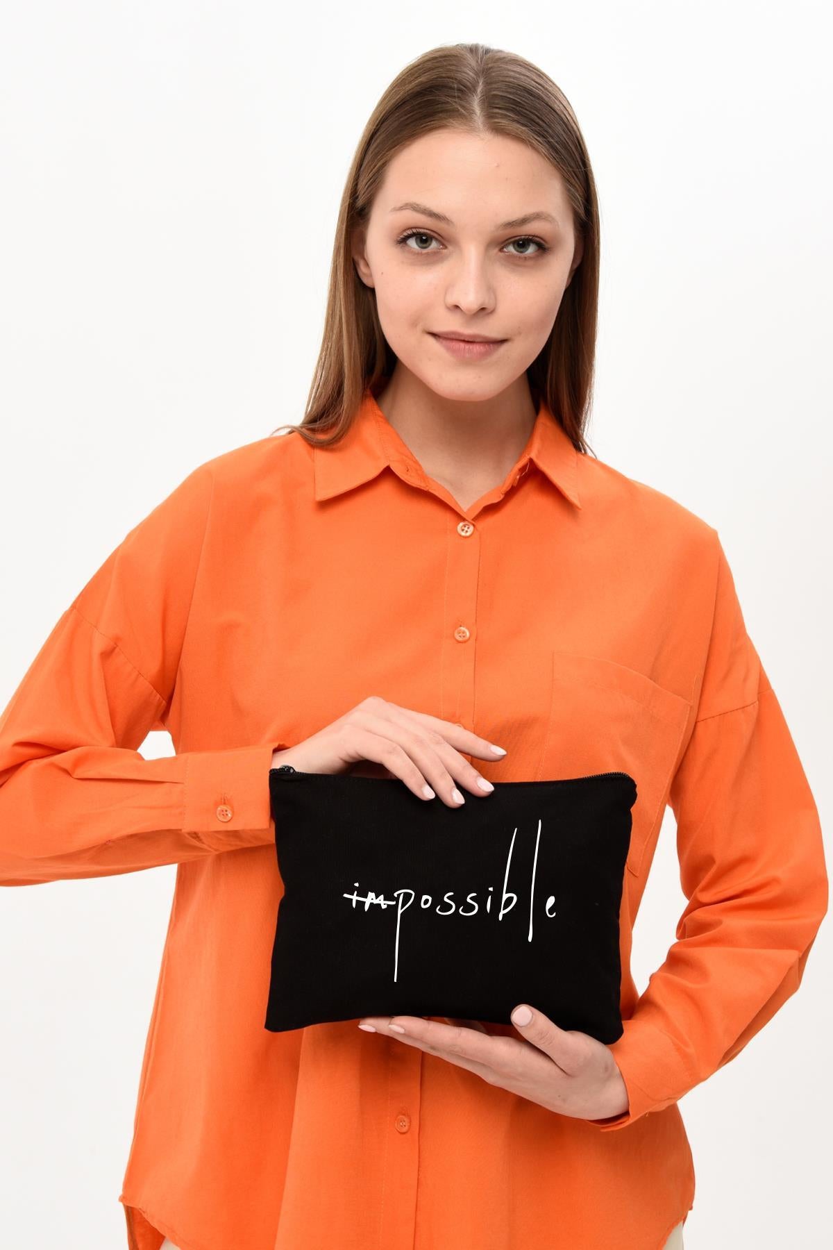Clutch İmpossible Baskılı Siyah Kanvas Makyaj Çantası