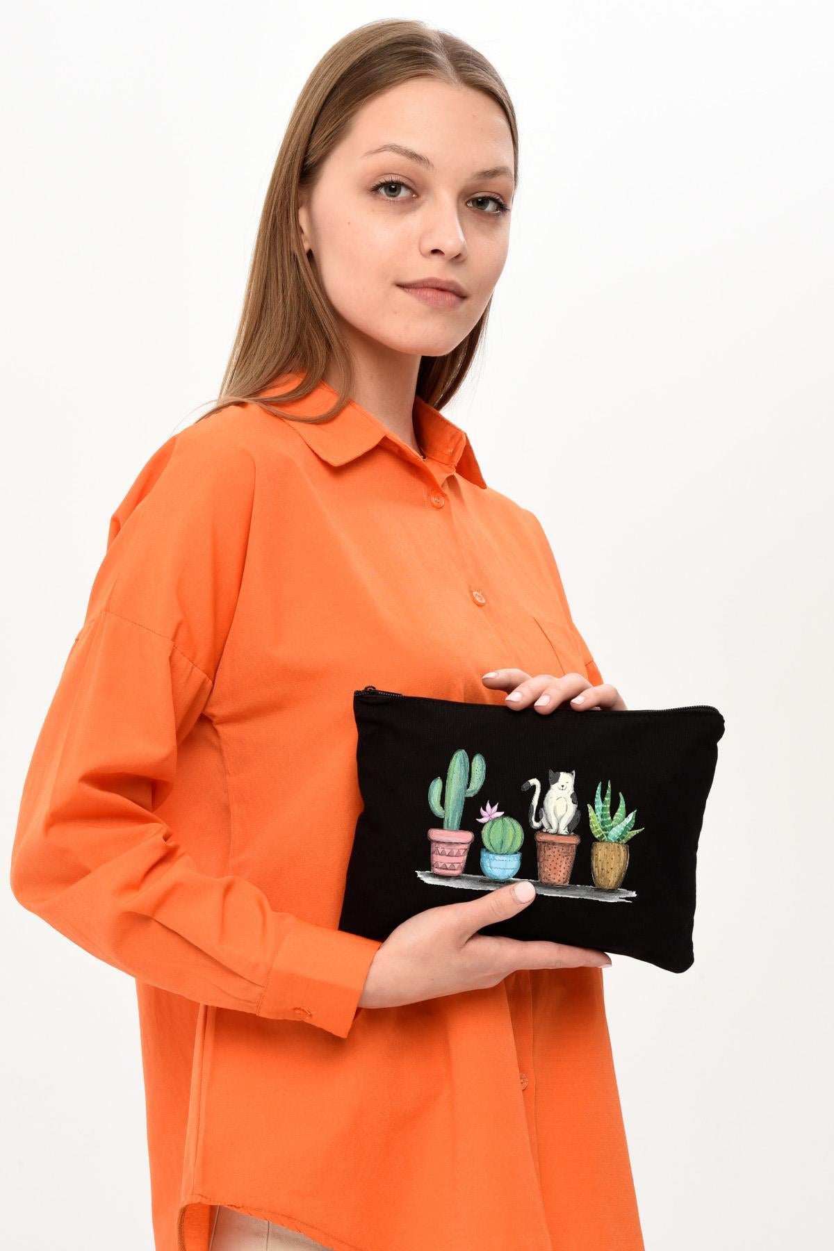 Clutch Kaktüs ve Kedi Baskılı Siyah Kanvas Makyaj Çantası
