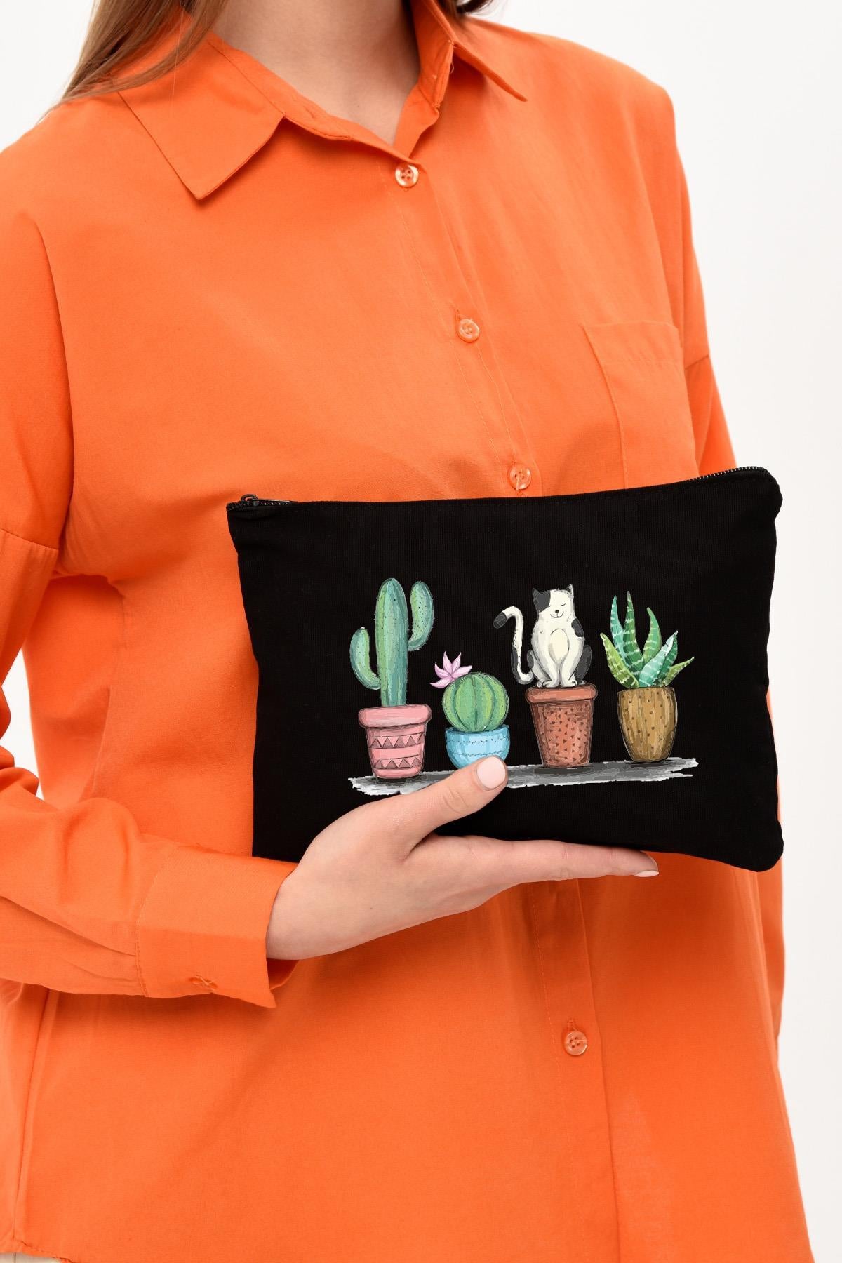 Clutch Kaktüs ve Kedi Baskılı Siyah Kanvas Makyaj Çantası