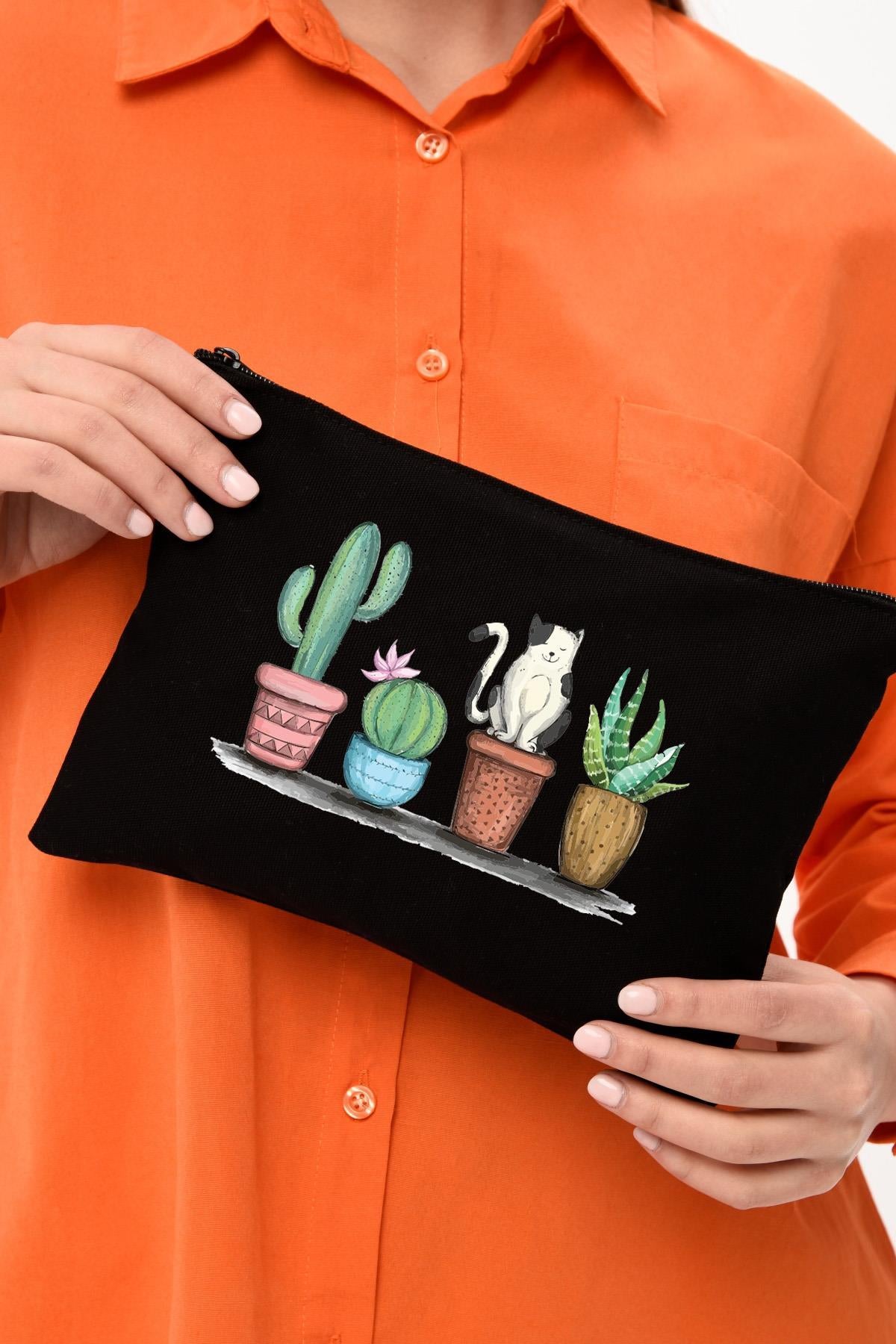 Clutch Kaktüs ve Kedi Baskılı Siyah Kanvas Makyaj Çantası