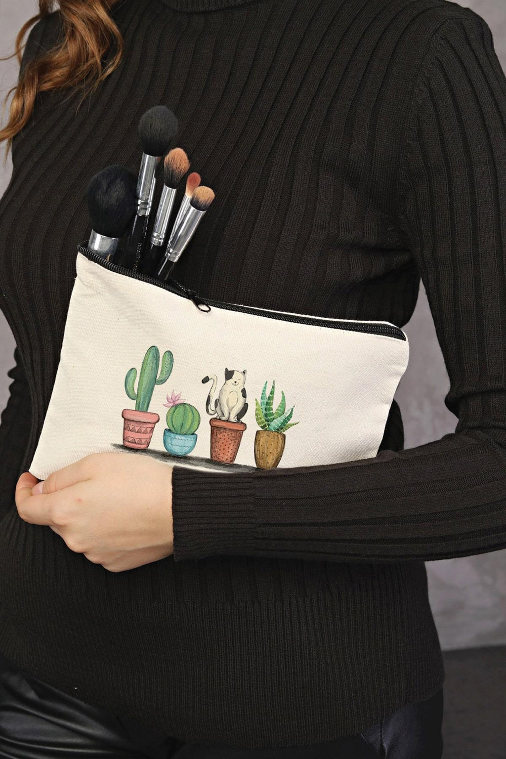 Clutch Kaktüs ve Kedi Kanvas Makyaj Çantası