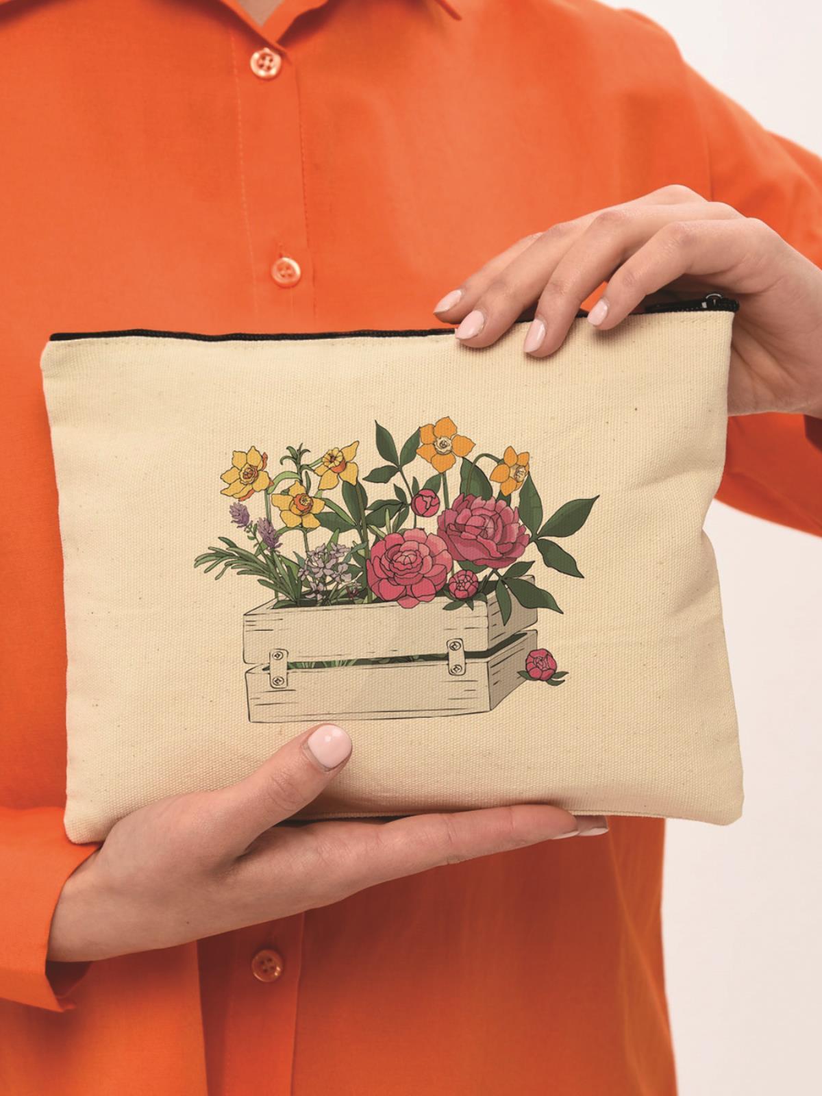 Clutch Kasada Çiçek Kanvas Makyaj Çantası