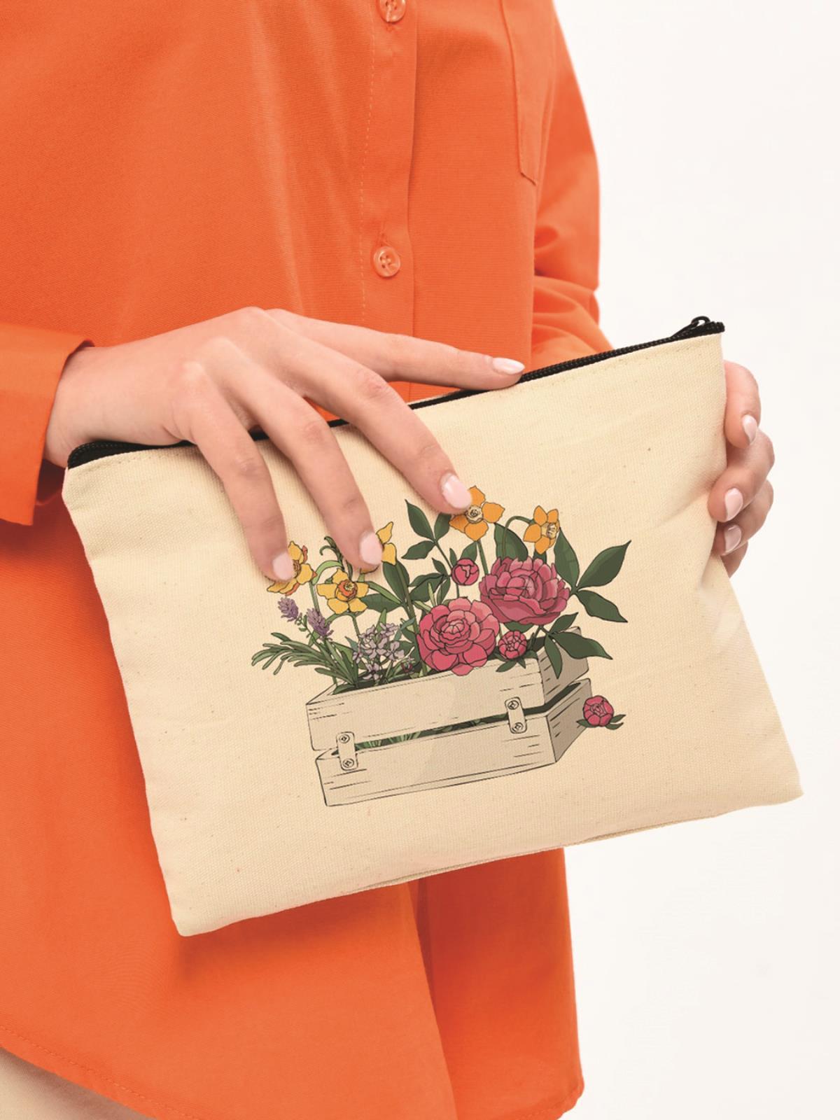Clutch Kasada Çiçek Kanvas Makyaj Çantası