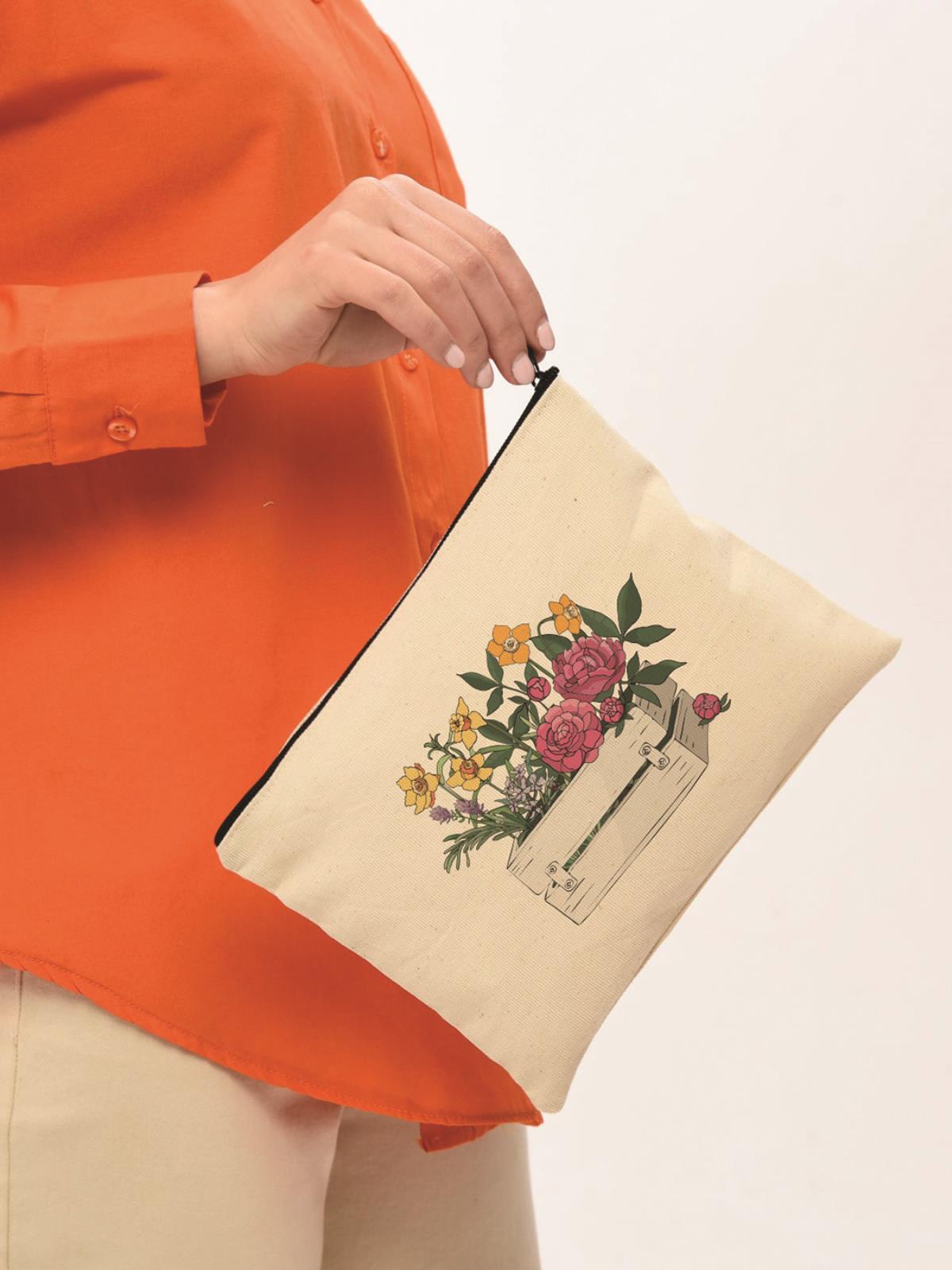 Clutch Kasada Çiçek Kanvas Makyaj Çantası