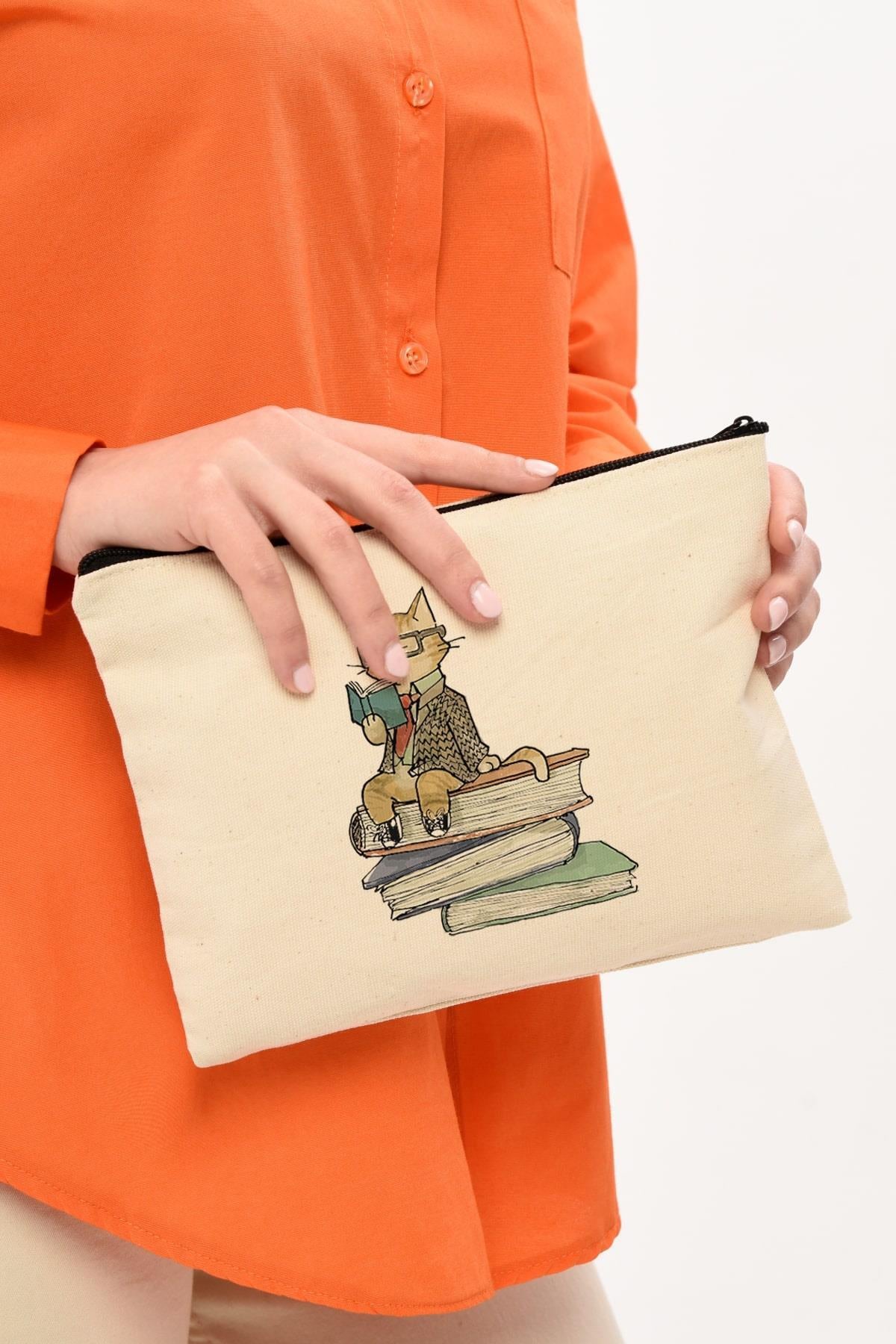 Clutch Kitap Okuyan Kedi Kanvas Makyaj Çantası