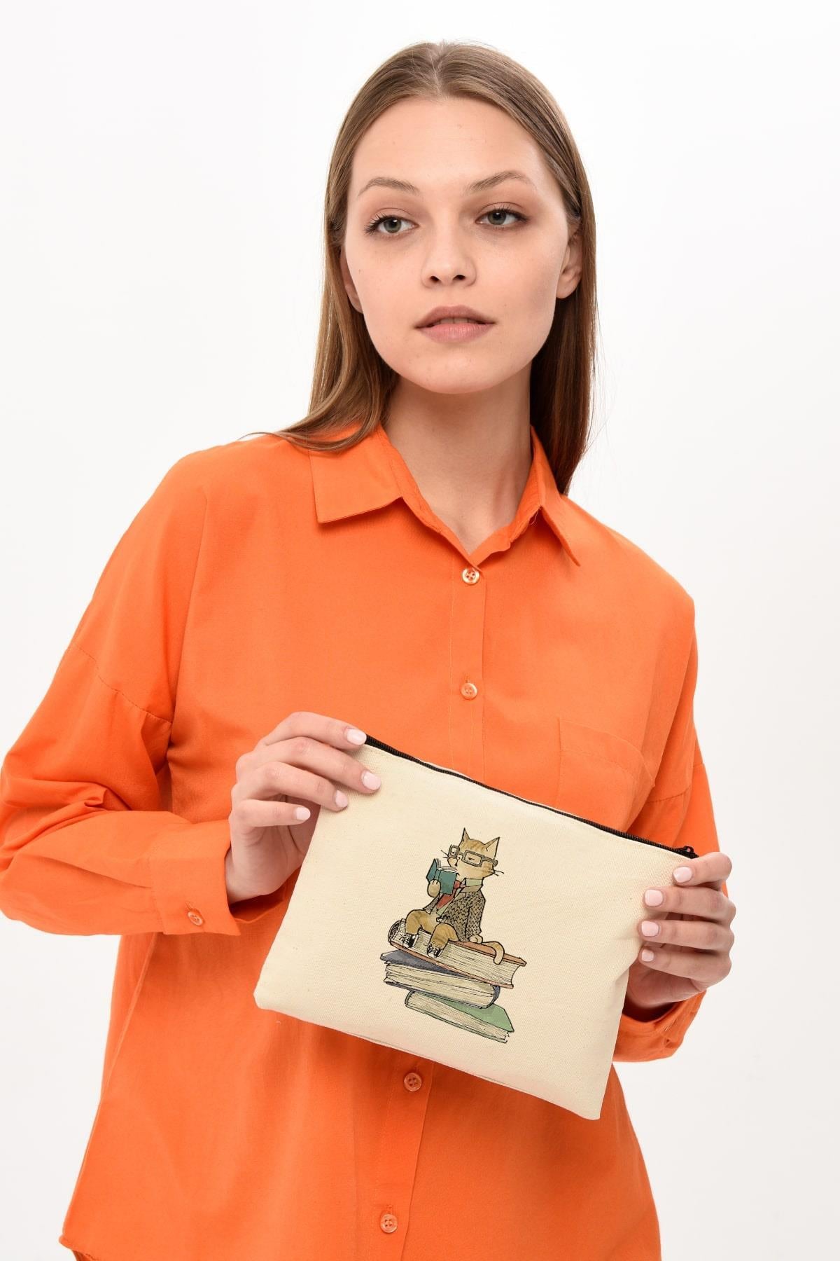 Clutch Kitap Okuyan Kedi Kanvas Makyaj Çantası