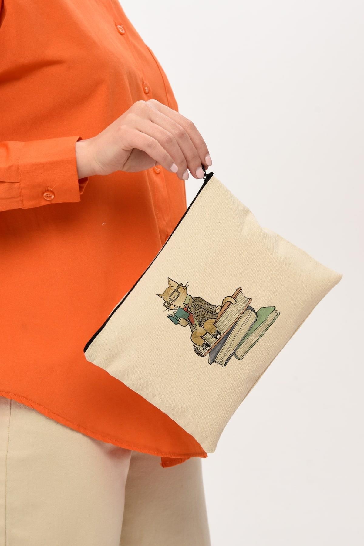 Clutch Kitap Okuyan Kedi Kanvas Makyaj Çantası