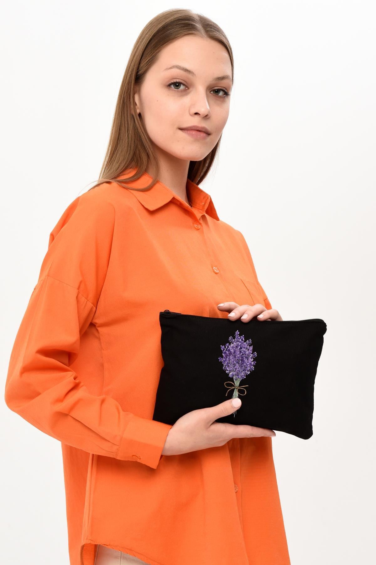 Clutch Lavender Bunch Siyah Kanvas Makyaj Çantası