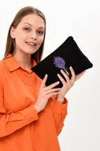 Clutch Lavender Bunch Siyah Kanvas Makyaj Çantası