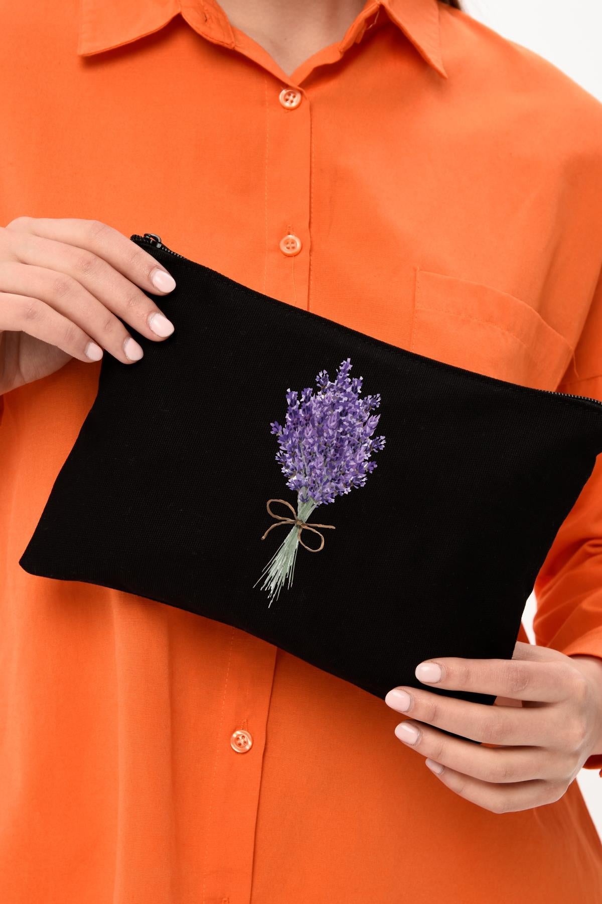 Clutch Lavender Bunch Siyah Kanvas Makyaj Çantası