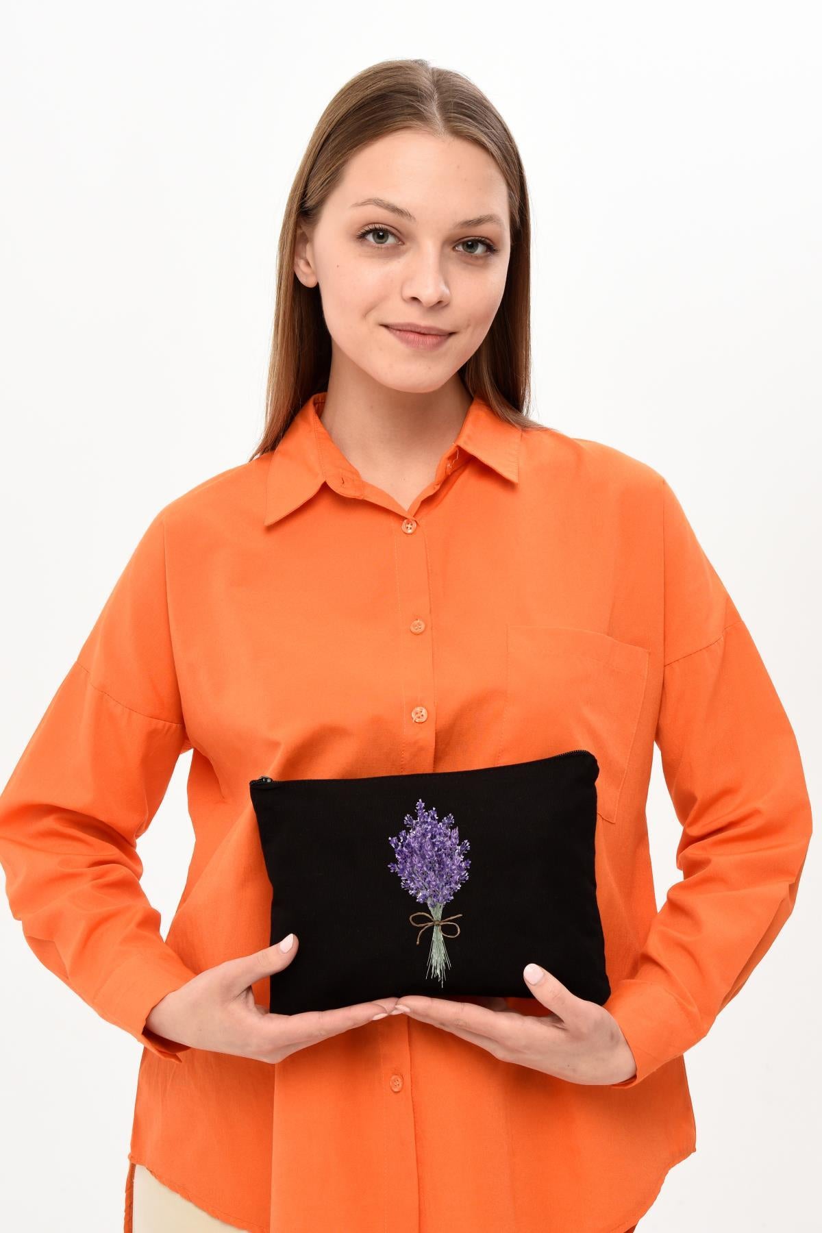 Clutch Lavender Bunch Siyah Kanvas Makyaj Çantası