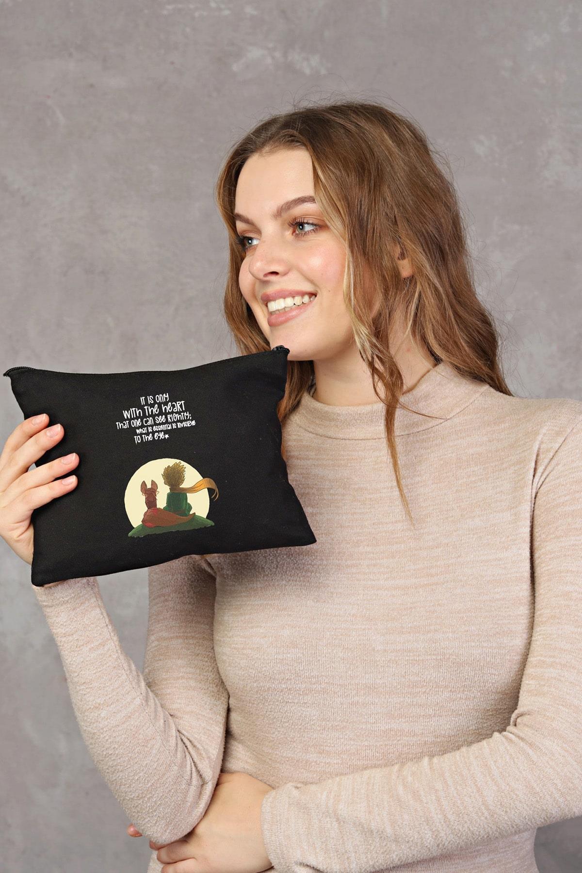 Clutch Little Prince Siyah Kanvas Makyaj Çantası