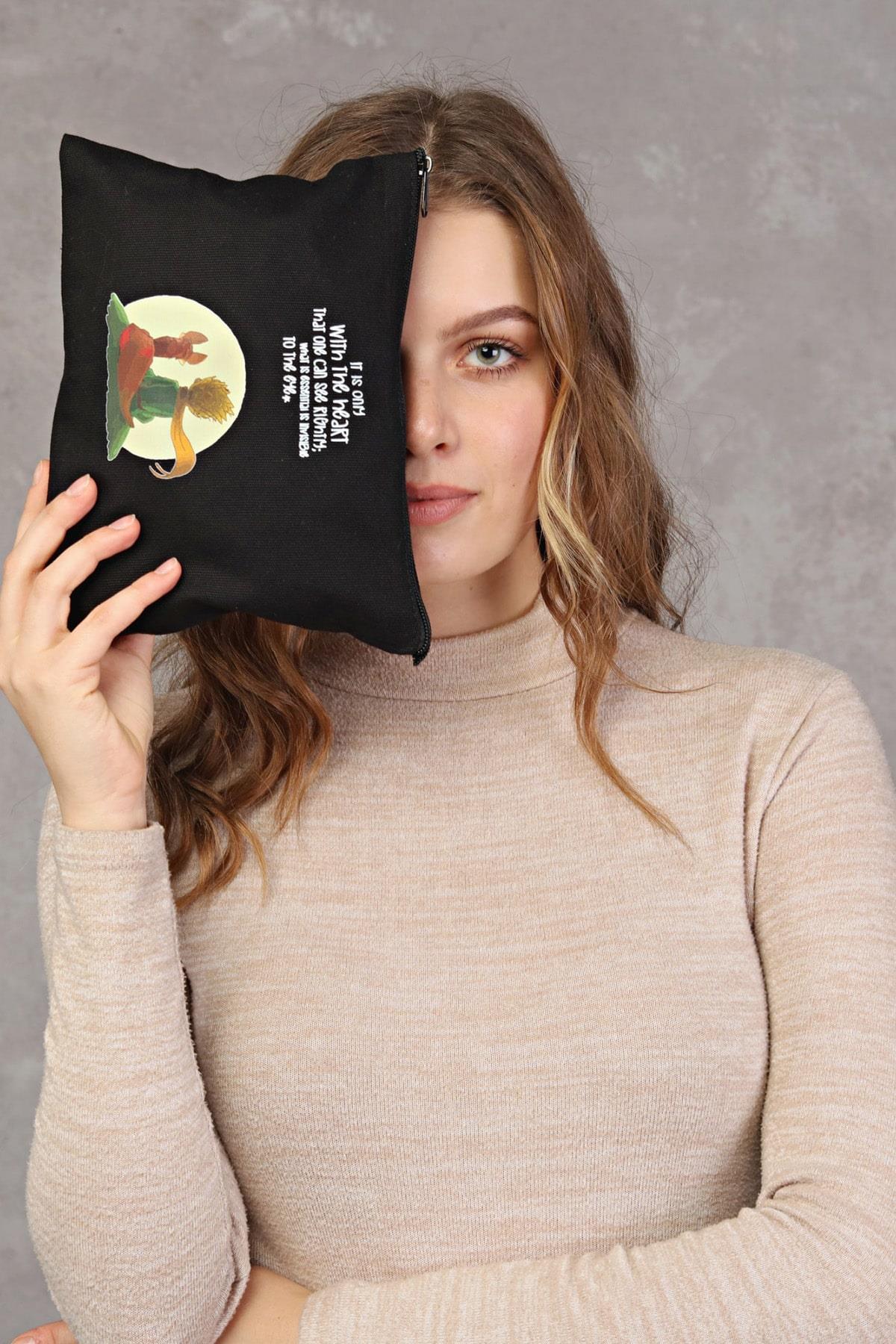 Clutch Little Prince Siyah Kanvas Makyaj Çantası
