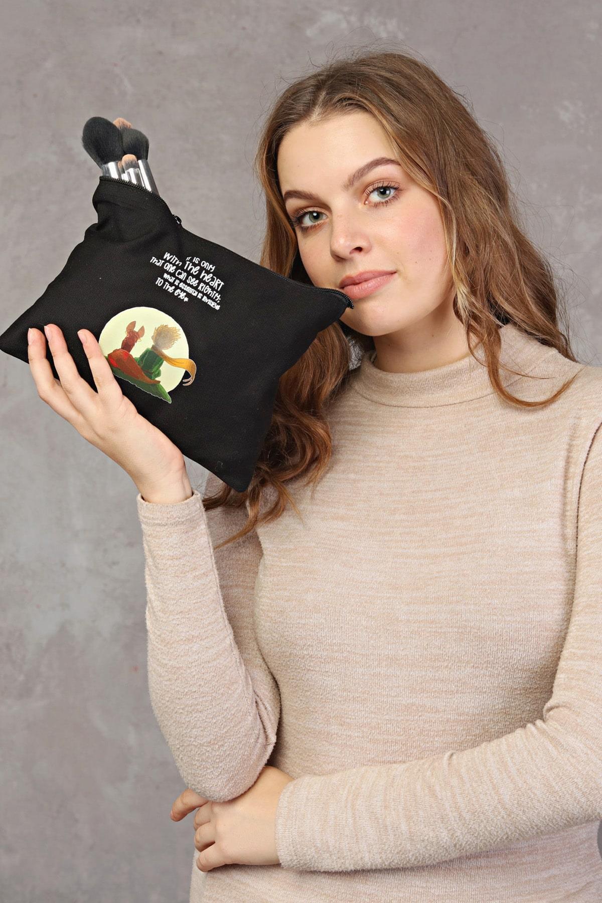 Clutch Little Prince Siyah Kanvas Makyaj Çantası