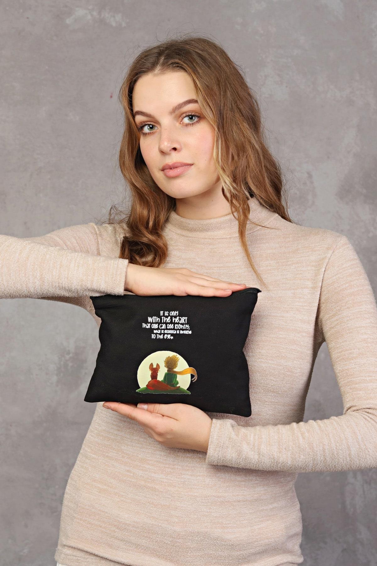 Clutch Little Prince Siyah Kanvas Makyaj Çantası