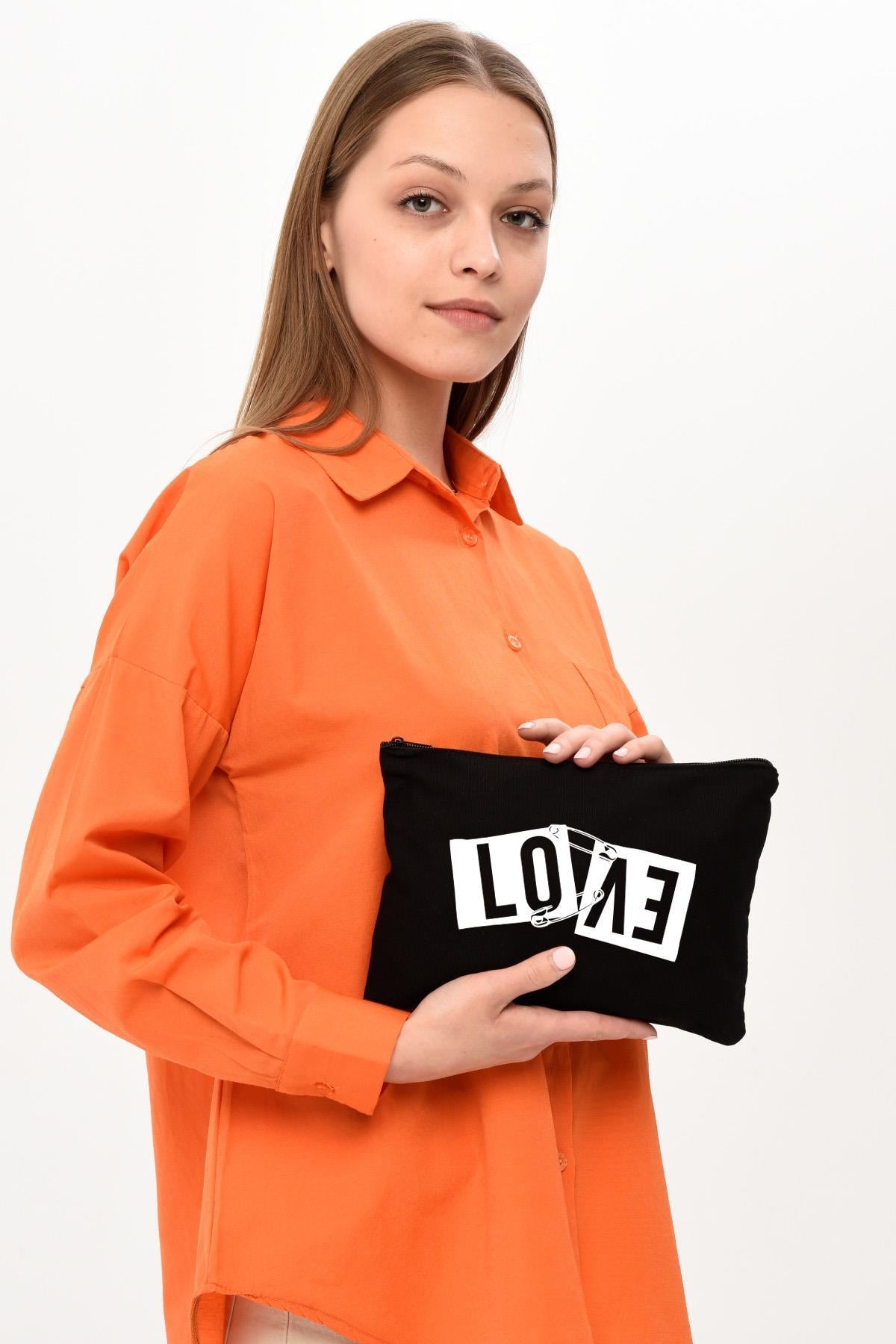 Clutch Love Çengel Siyah Kanvas Makyaj Çantası