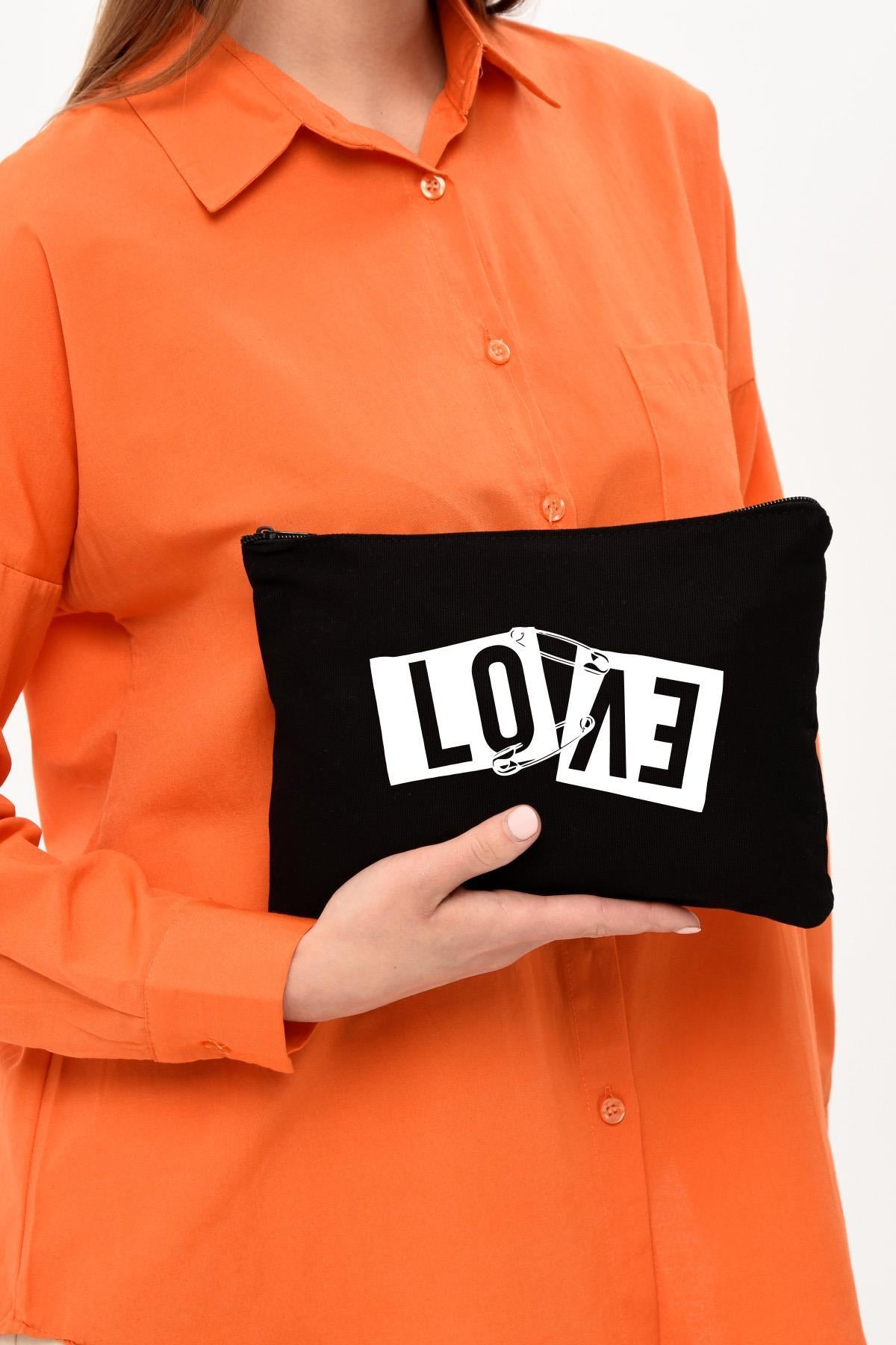 Clutch Love Çengel Siyah Kanvas Makyaj Çantası