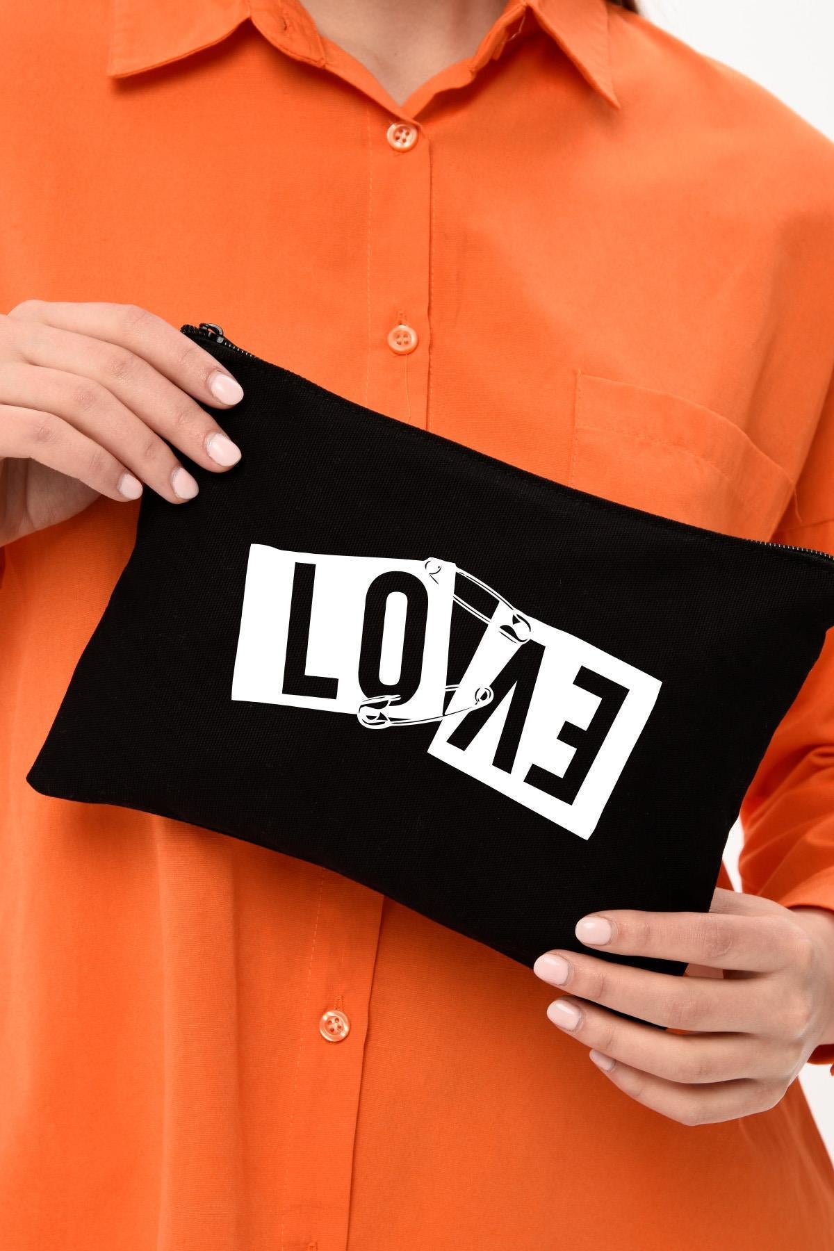 Clutch Love Çengel Siyah Kanvas Makyaj Çantası
