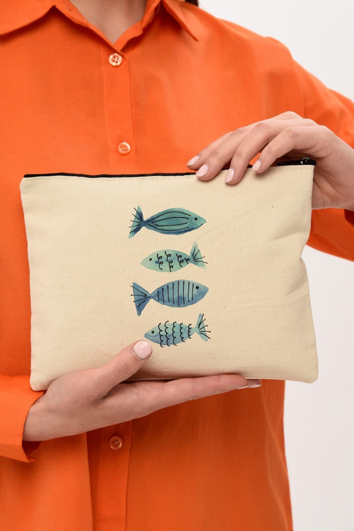 Clutch Mavi Balıklar Kanvas Makyaj Çantası