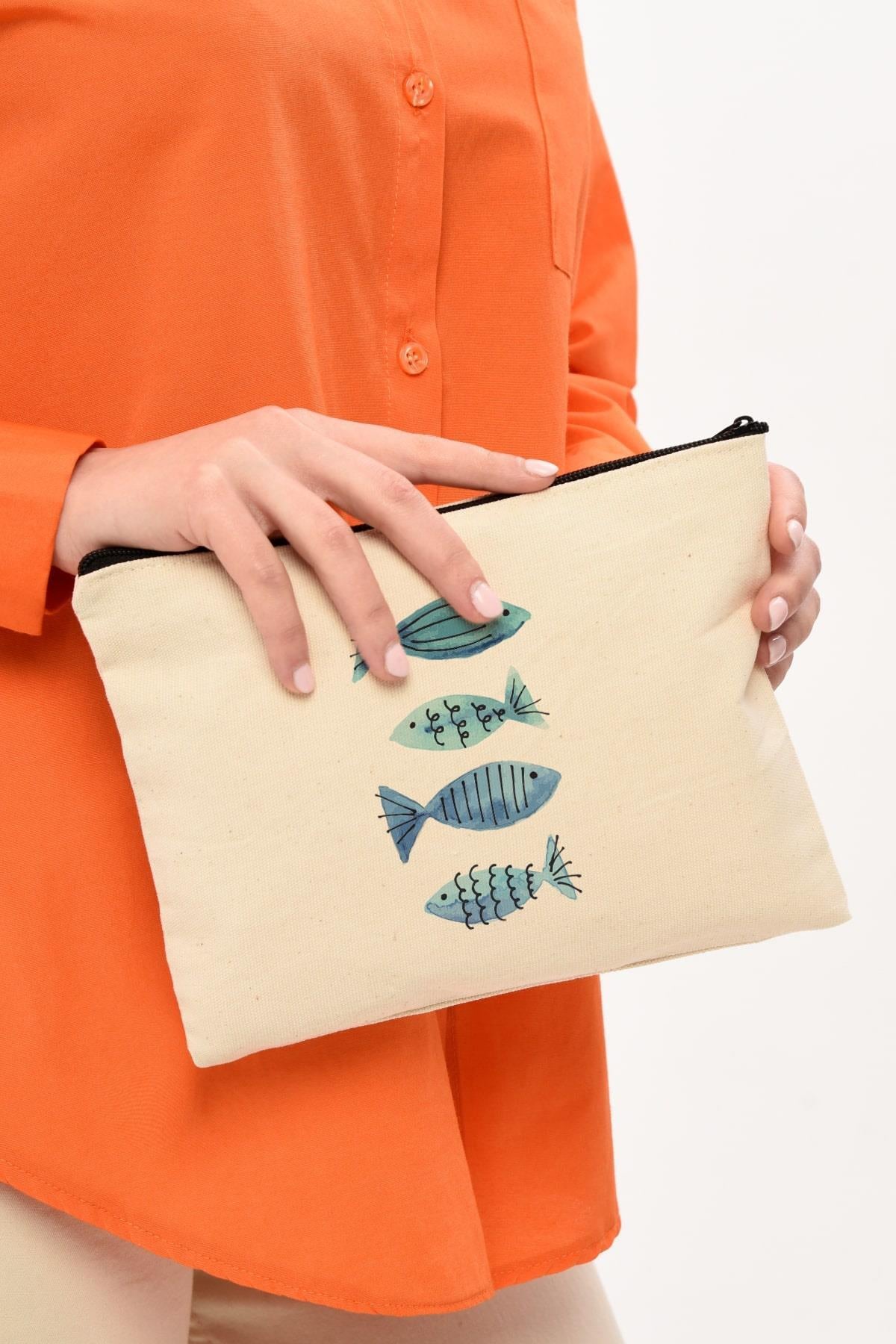 Clutch Mavi Balıklar Kanvas Makyaj Çantası