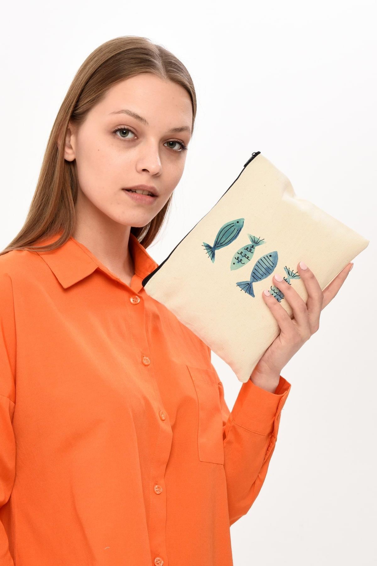 Clutch Mavi Balıklar Kanvas Makyaj Çantası