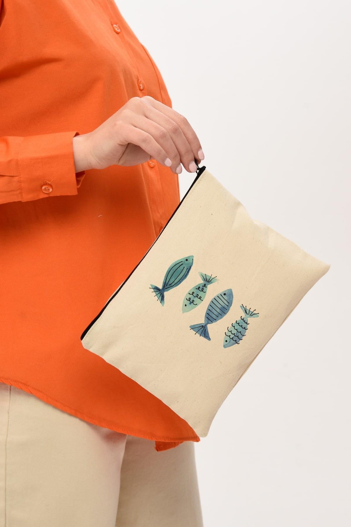 Clutch Mavi Balıklar Kanvas Makyaj Çantası