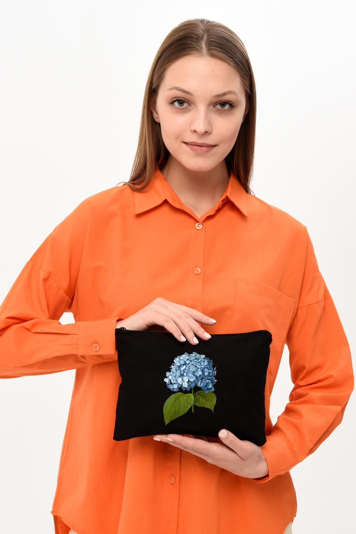 Clutch Mavi Çiçek Siyah Kanvas Makyaj Çantası