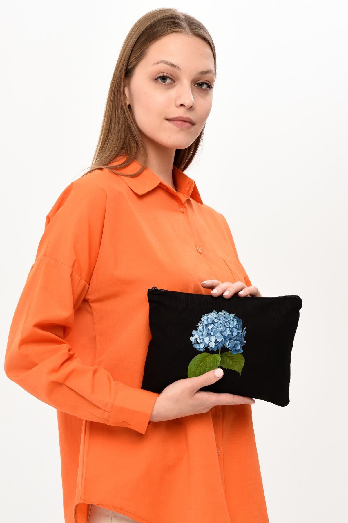 Clutch Mavi Çiçek Siyah Kanvas Makyaj Çantası