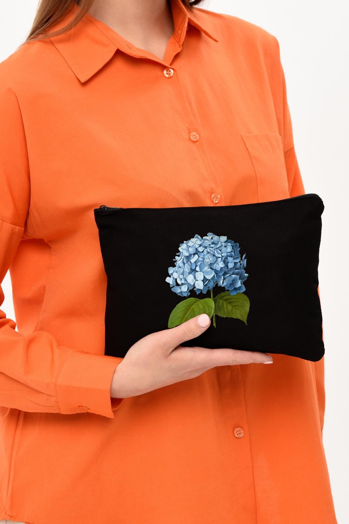 Clutch Mavi Çiçek Siyah Kanvas Makyaj Çantası