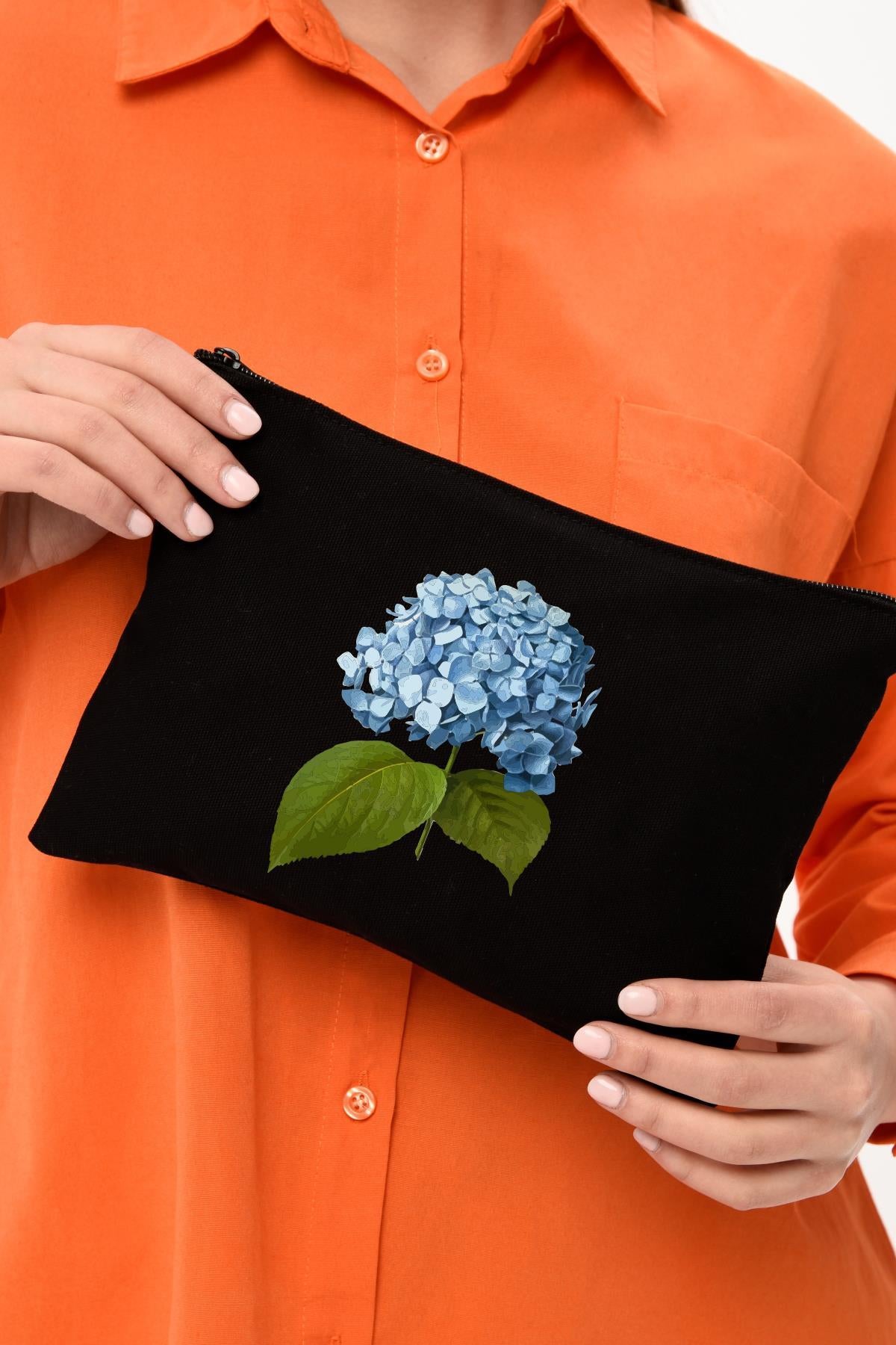 Clutch Mavi Çiçek Siyah Kanvas Makyaj Çantası