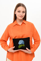 Clutch Mavi Çiçek Siyah Kanvas Makyaj Çantası