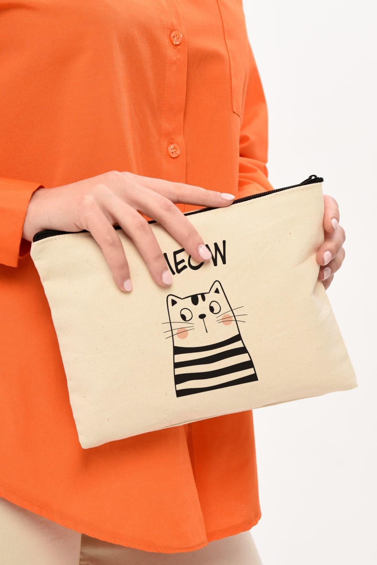 Clutch Meow Baskılı Makyaj Çantası |  (25X17)