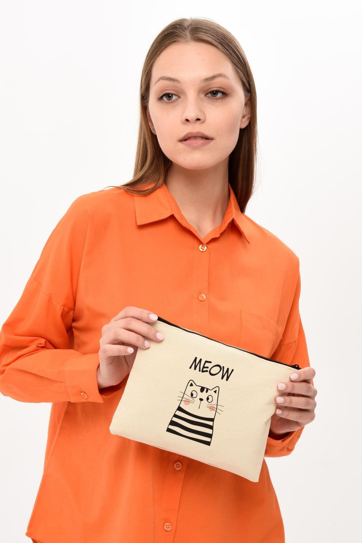 Clutch Meow Baskılı Makyaj Çantası |  (25X17)