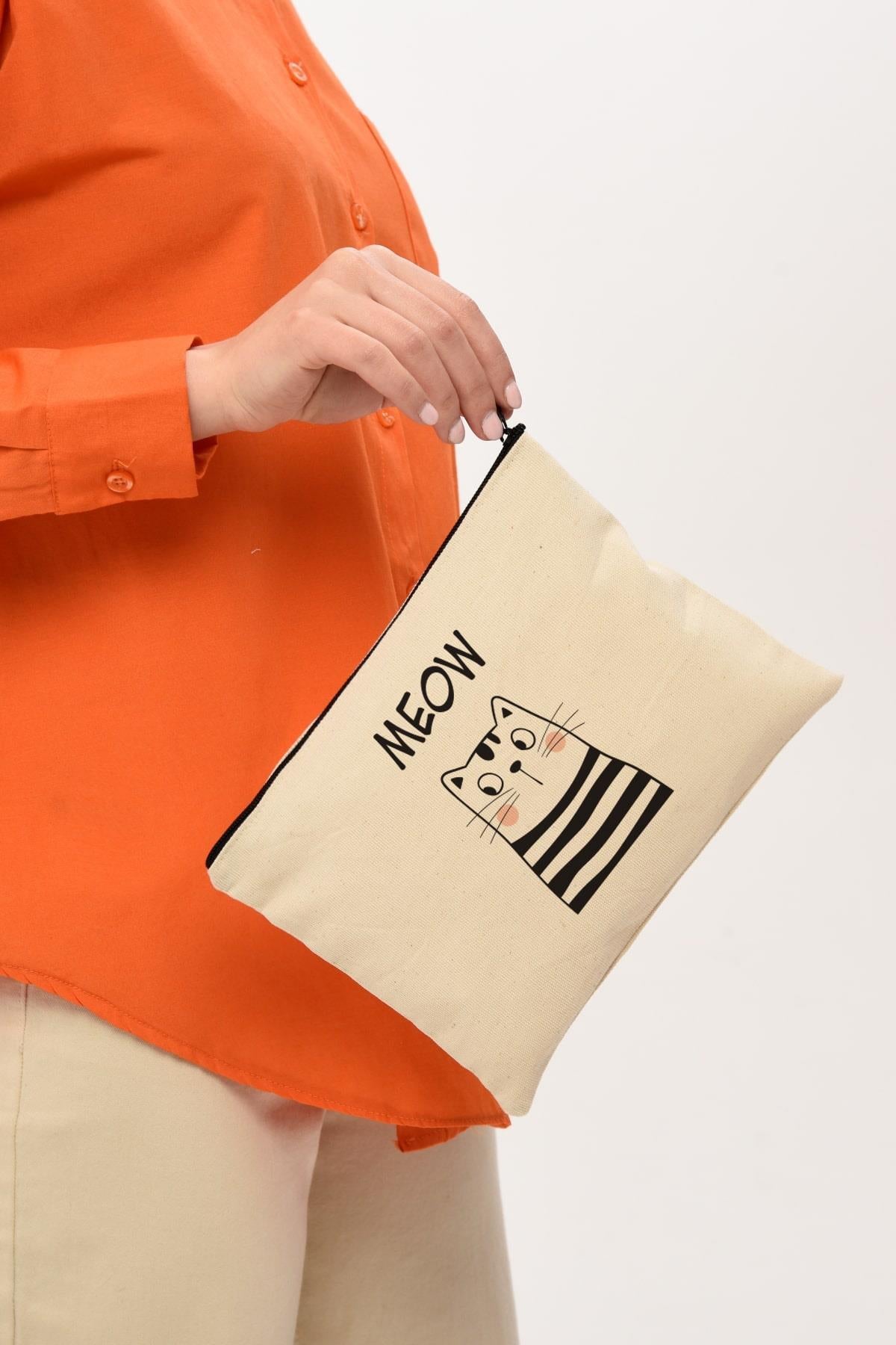 Clutch Meow Baskılı Makyaj Çantası |  (25X17)