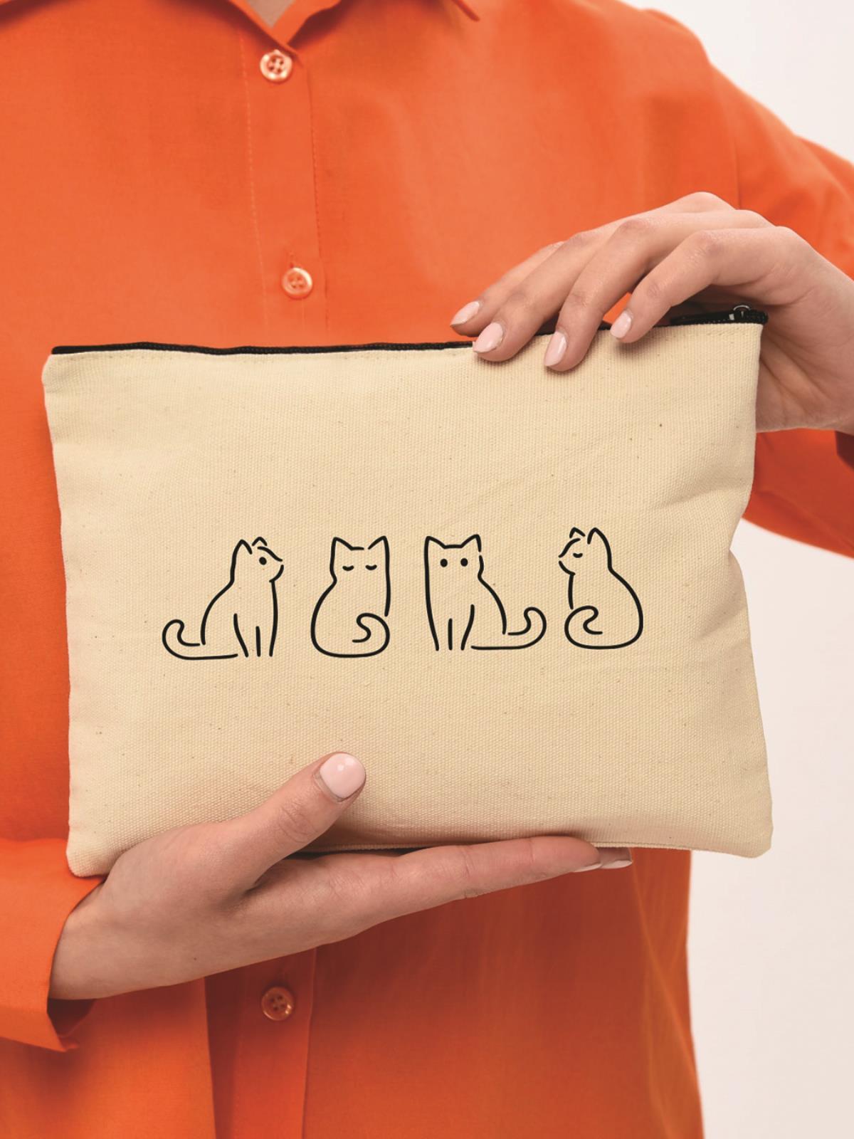 Clutch Minik Kediler Kanvas Makyaj Çantası