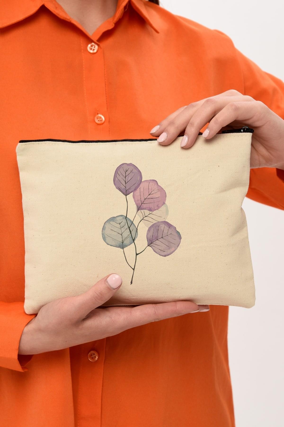 Clutch Mor Çiçekler Kanvas Makyaj Çantası