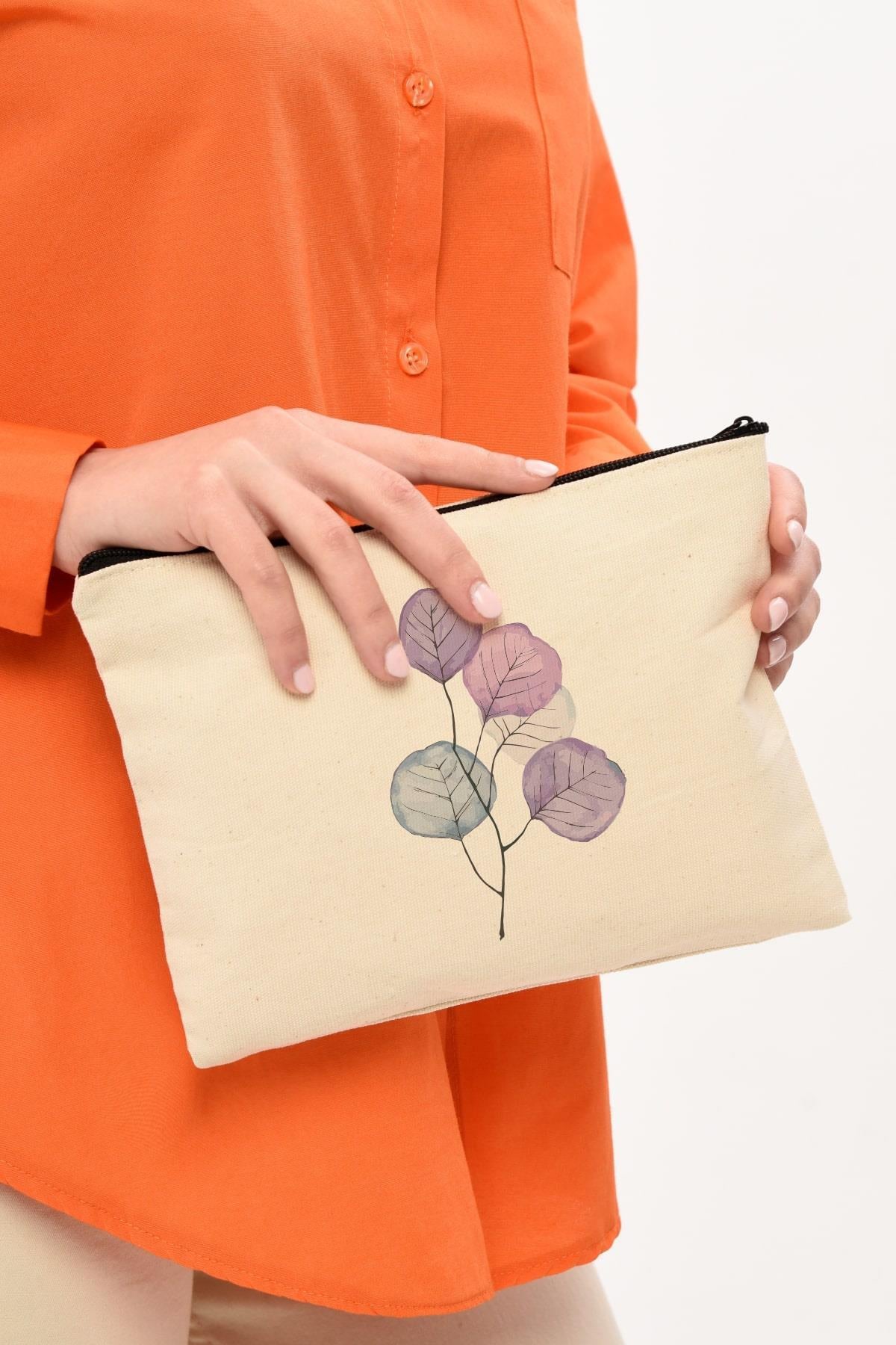Clutch Mor Çiçekler Kanvas Makyaj Çantası