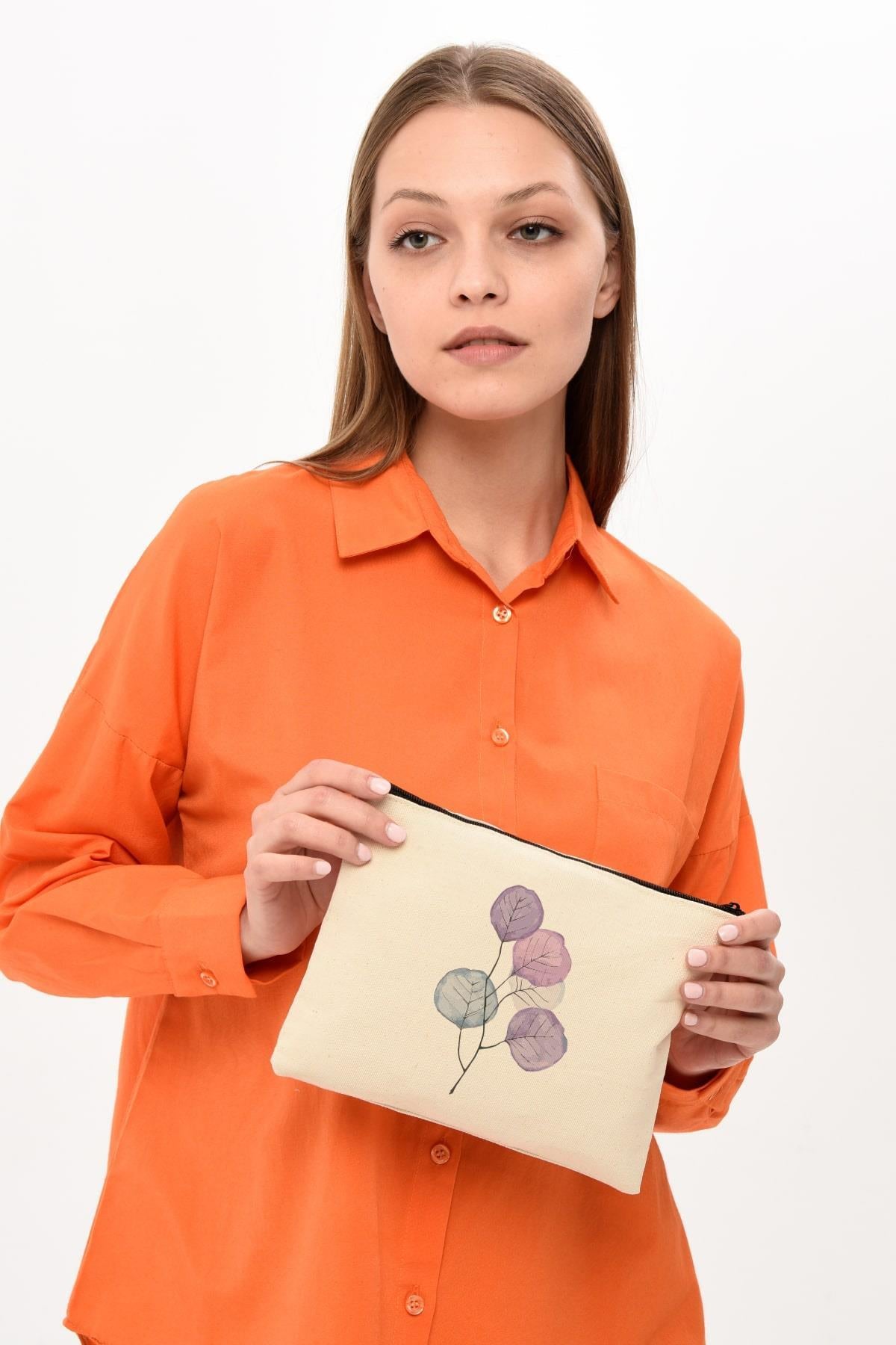 Clutch Mor Çiçekler Kanvas Makyaj Çantası