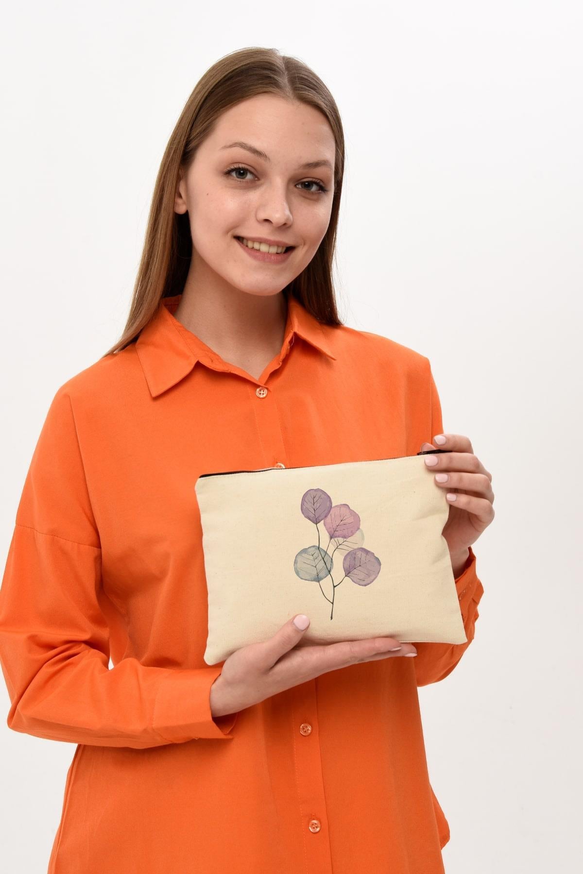 Clutch Mor Çiçekler Kanvas Makyaj Çantası