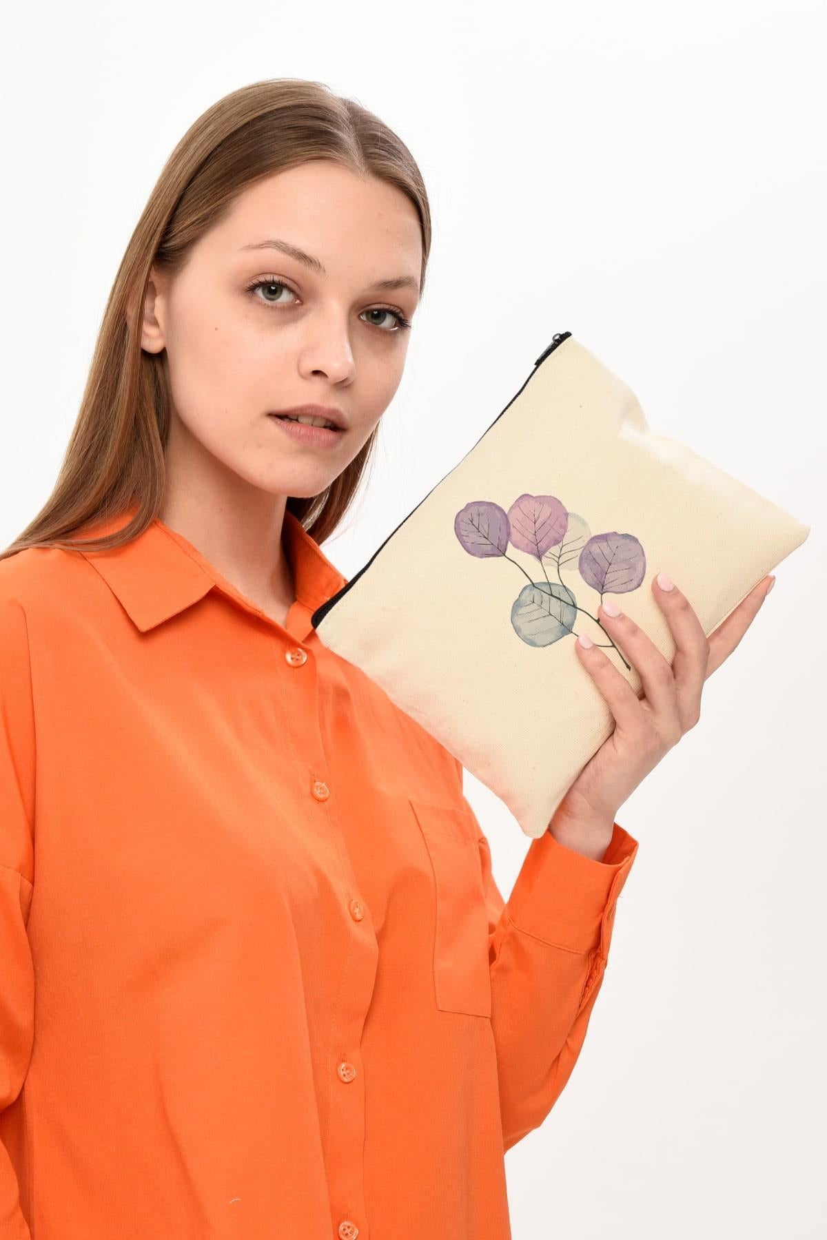 Clutch Mor Çiçekler Kanvas Makyaj Çantası