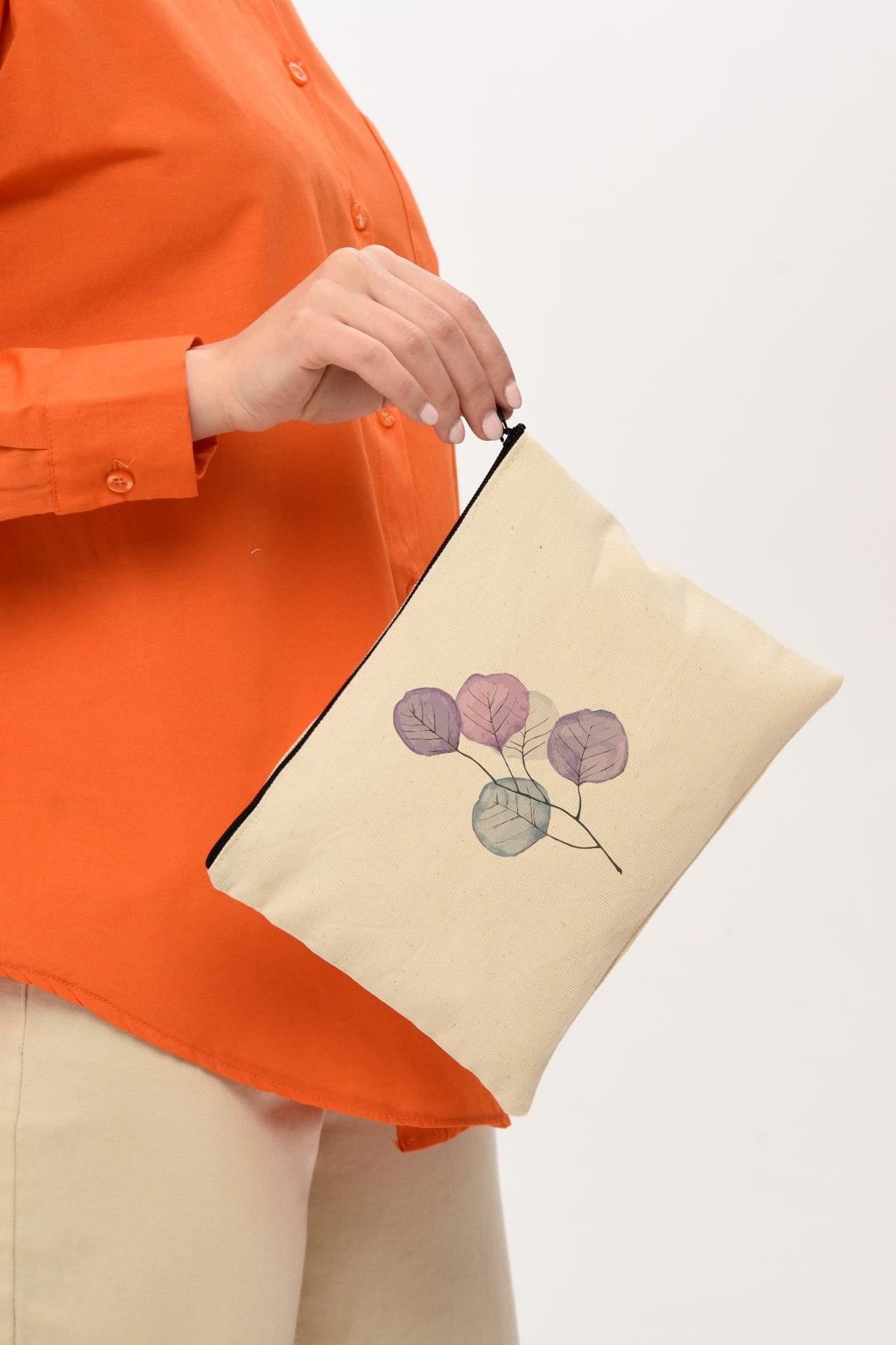 Clutch Mor Çiçekler Kanvas Makyaj Çantası