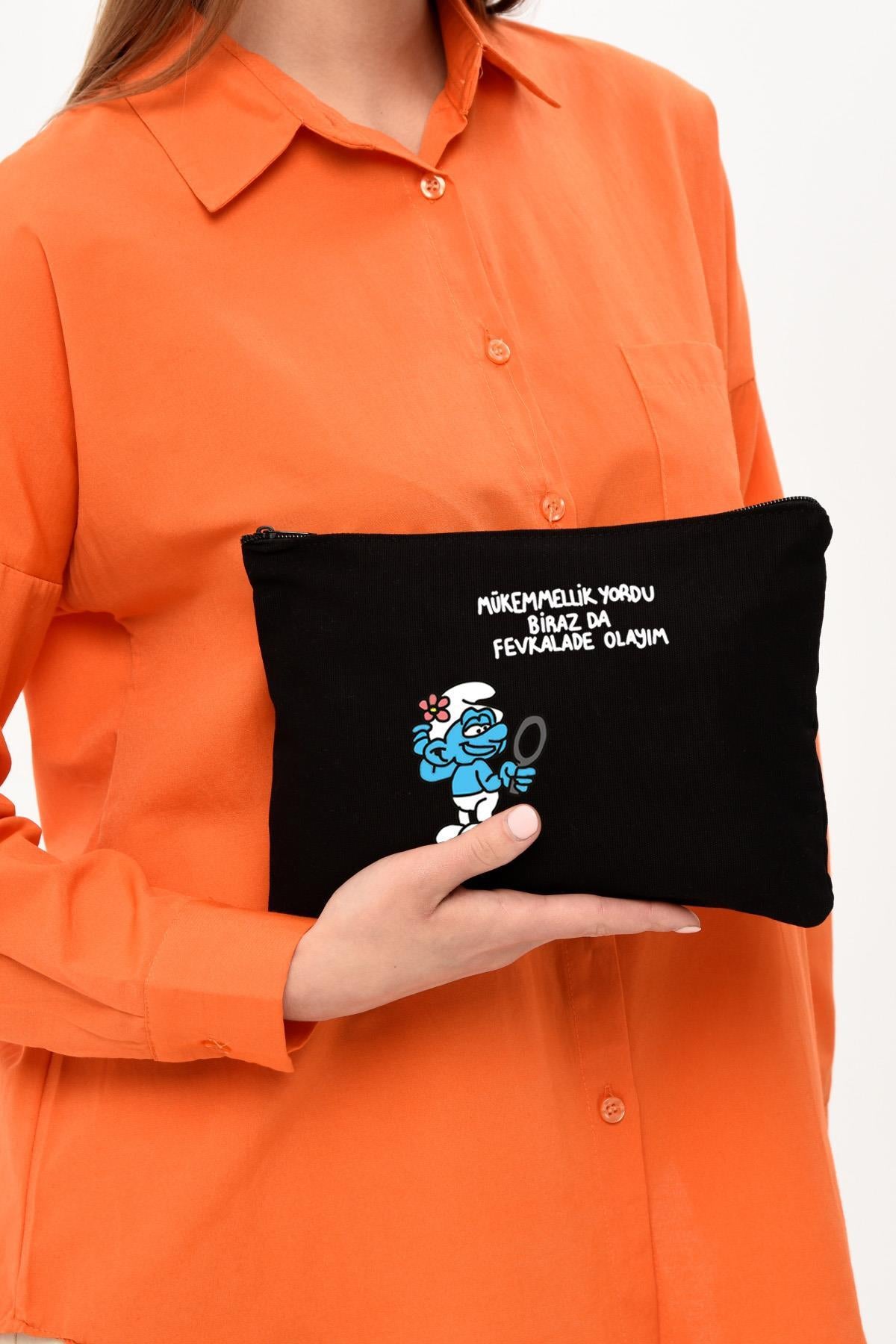 Clutch Mükemmel Şirin Baskılı SİYAH Kanvas Makyaj Çantası